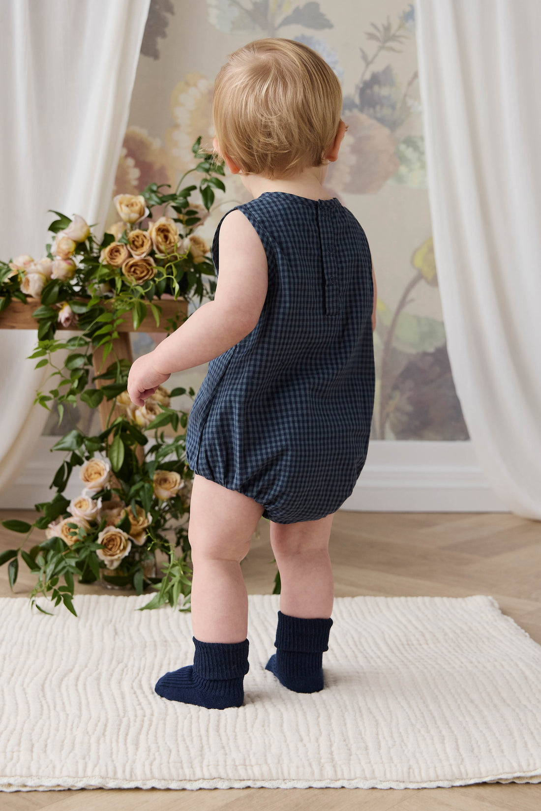 Organic Cotton Bentley Playsuit - Tiny Gingham Maritime Childrens Playsuit from Jamie Kay Australia