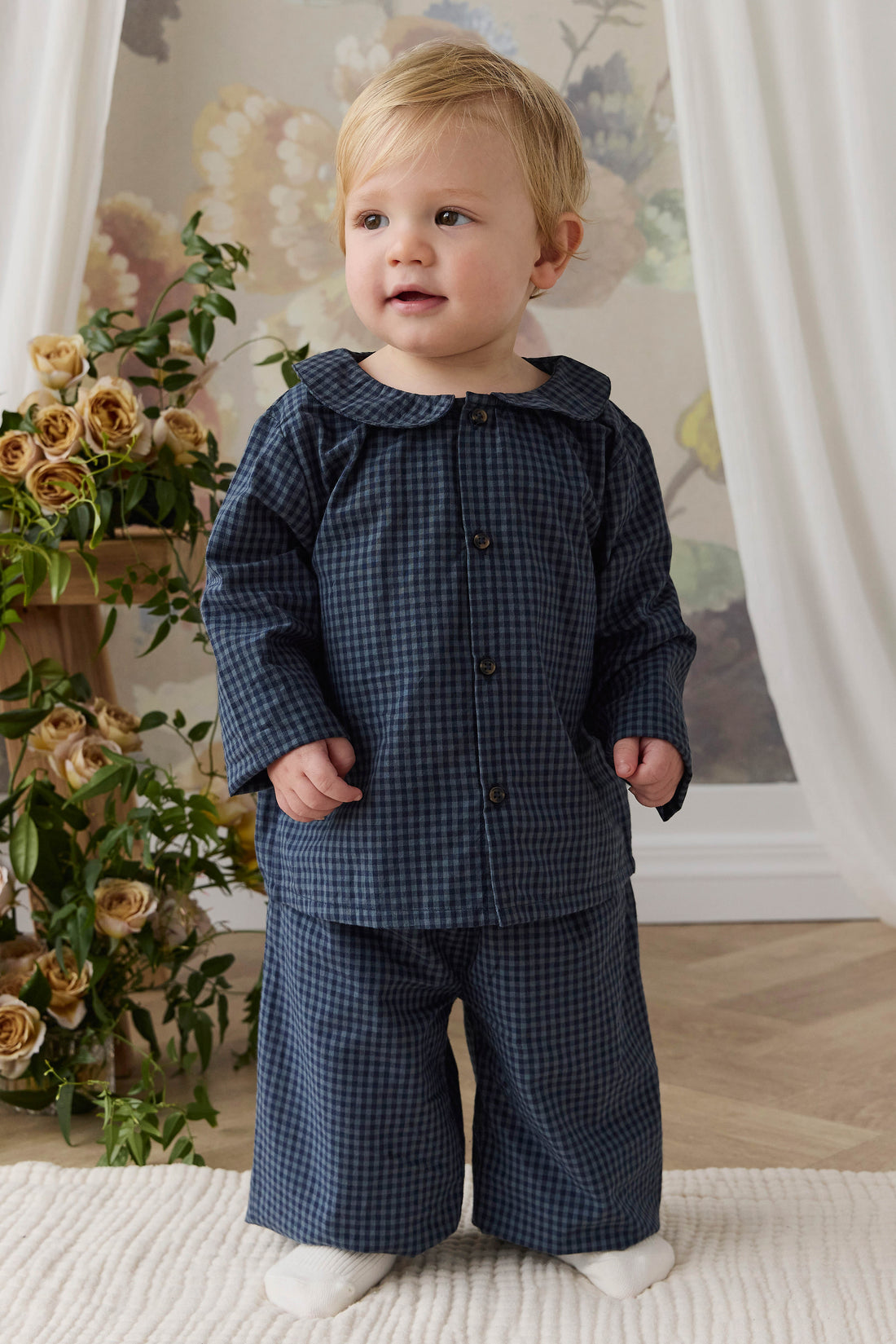 Organic Cotton Kenji Pant - Tiny Gingham Maritime Childrens Pant from Jamie Kay Australia