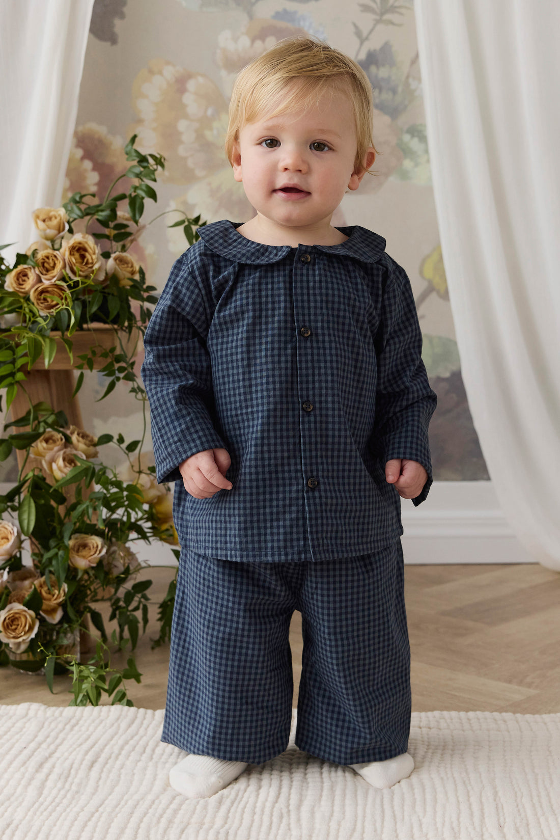 Organic Cotton Kenji Pant - Tiny Gingham Maritime Childrens Pant from Jamie Kay Australia