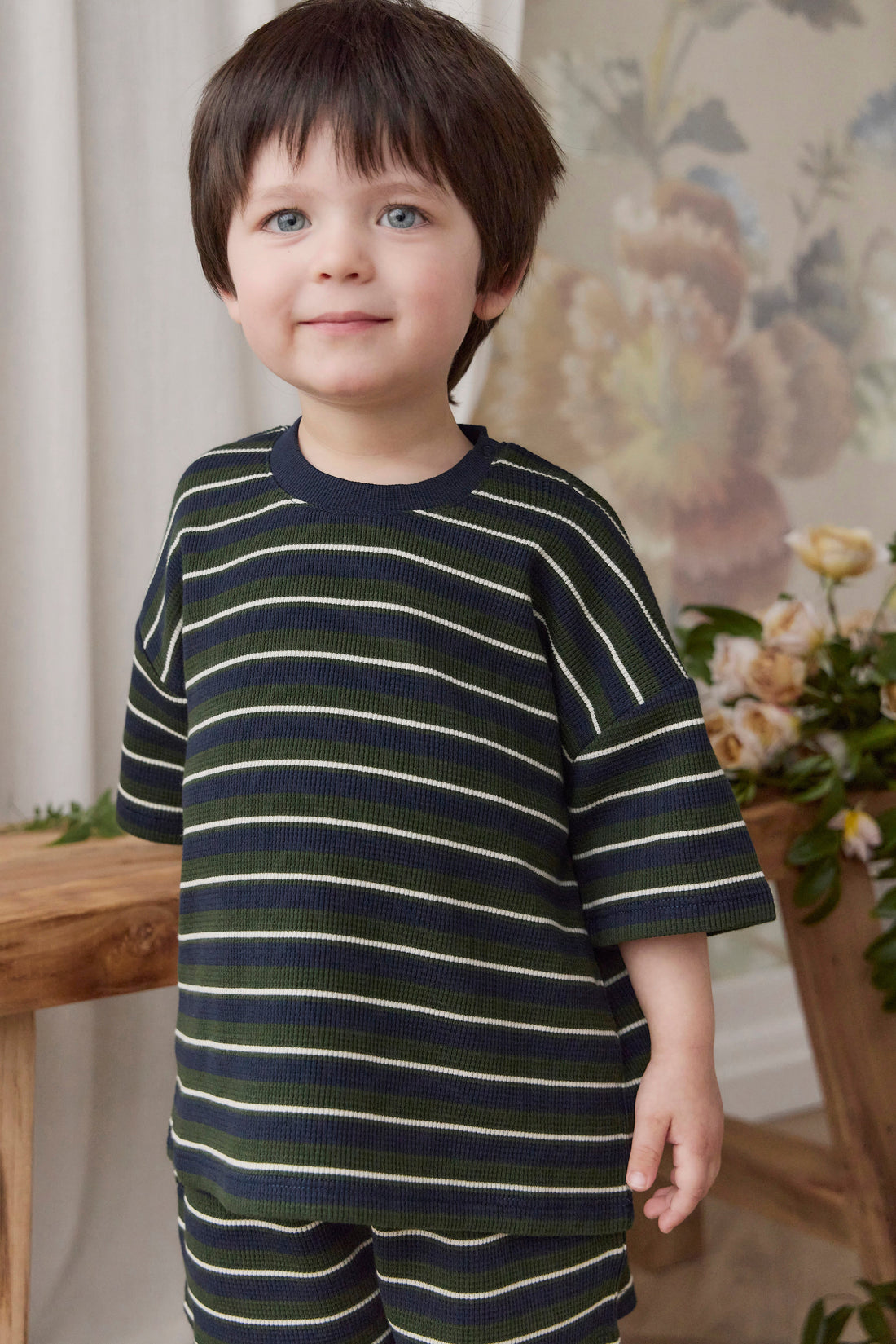 Organic Cotton Waffle Leith Tee - Maritime Grandeur Stripe Childrens Top from Jamie Kay Australia