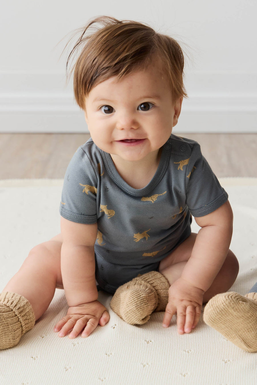 Organic Cotton Hudson Short Sleeve Bodysuit - Lenny Leopard Smoke Childrens Bodysuit from Jamie Kay Australia