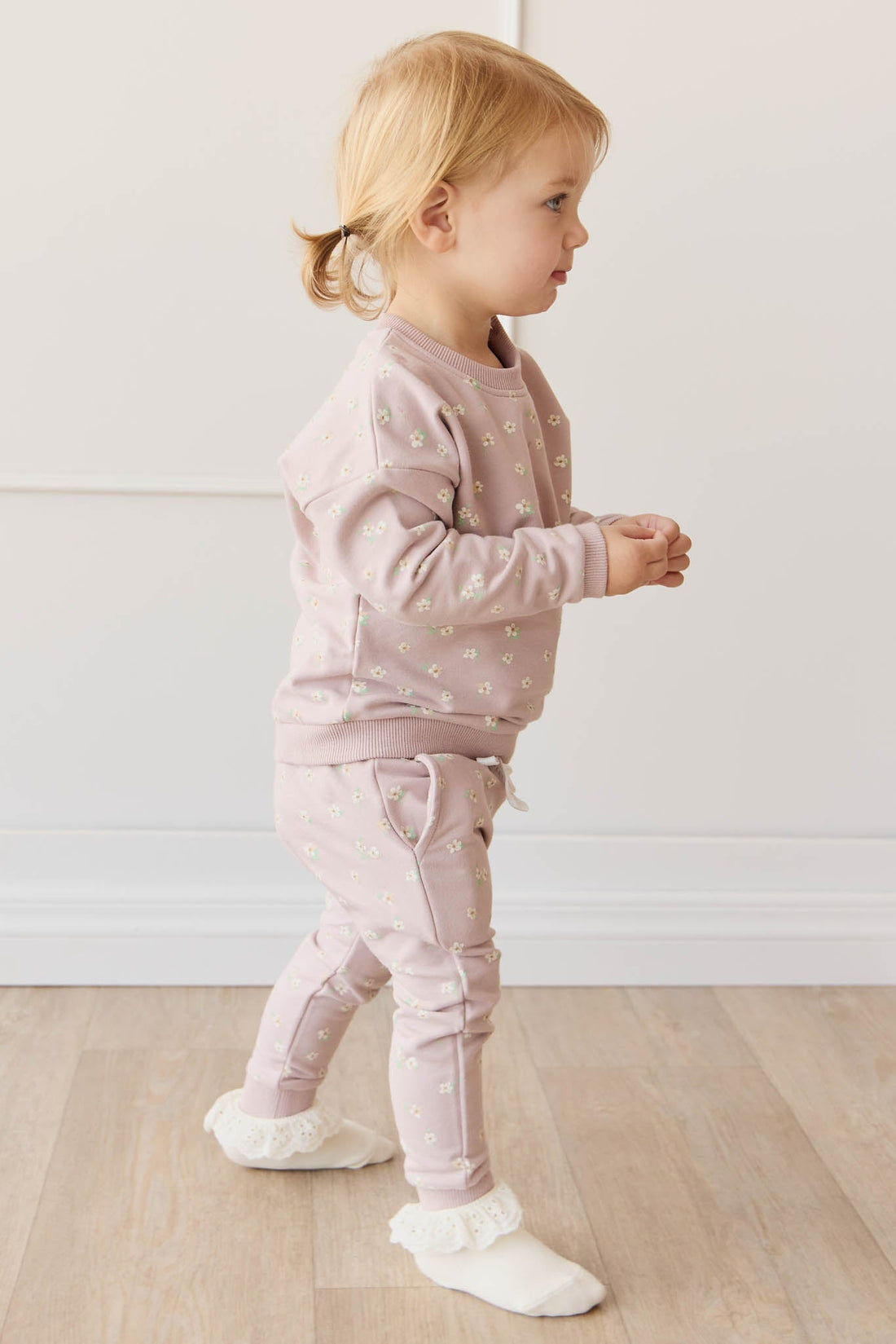 Organic Cotton Morgan Track Pant - Simple Flowers Lilac Childrens Pant from Jamie Kay Australia