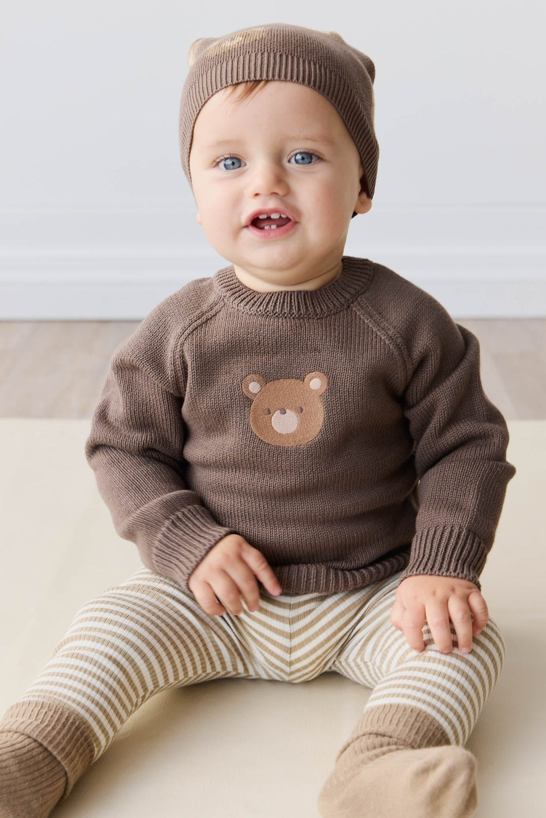 Organic Cotton Modal Everyday Legging - Narrow Stripe Balm/Cloud Childrens Legging from Jamie Kay Australia