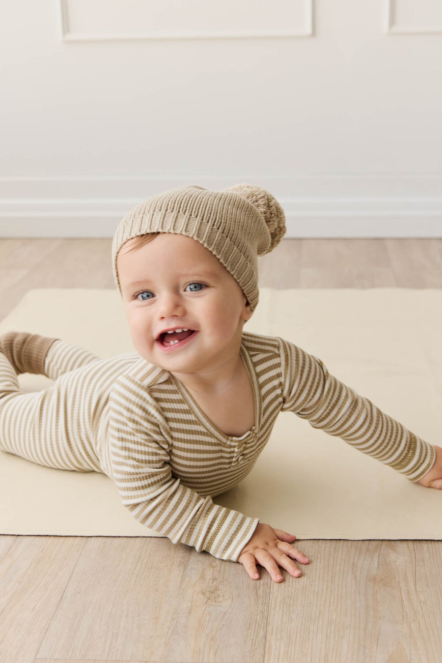 Organic Cotton Modal Long Sleeve Bodysuit - Narrow Stripe Balm/Cloud Childrens Bodysuit from Jamie Kay Australia