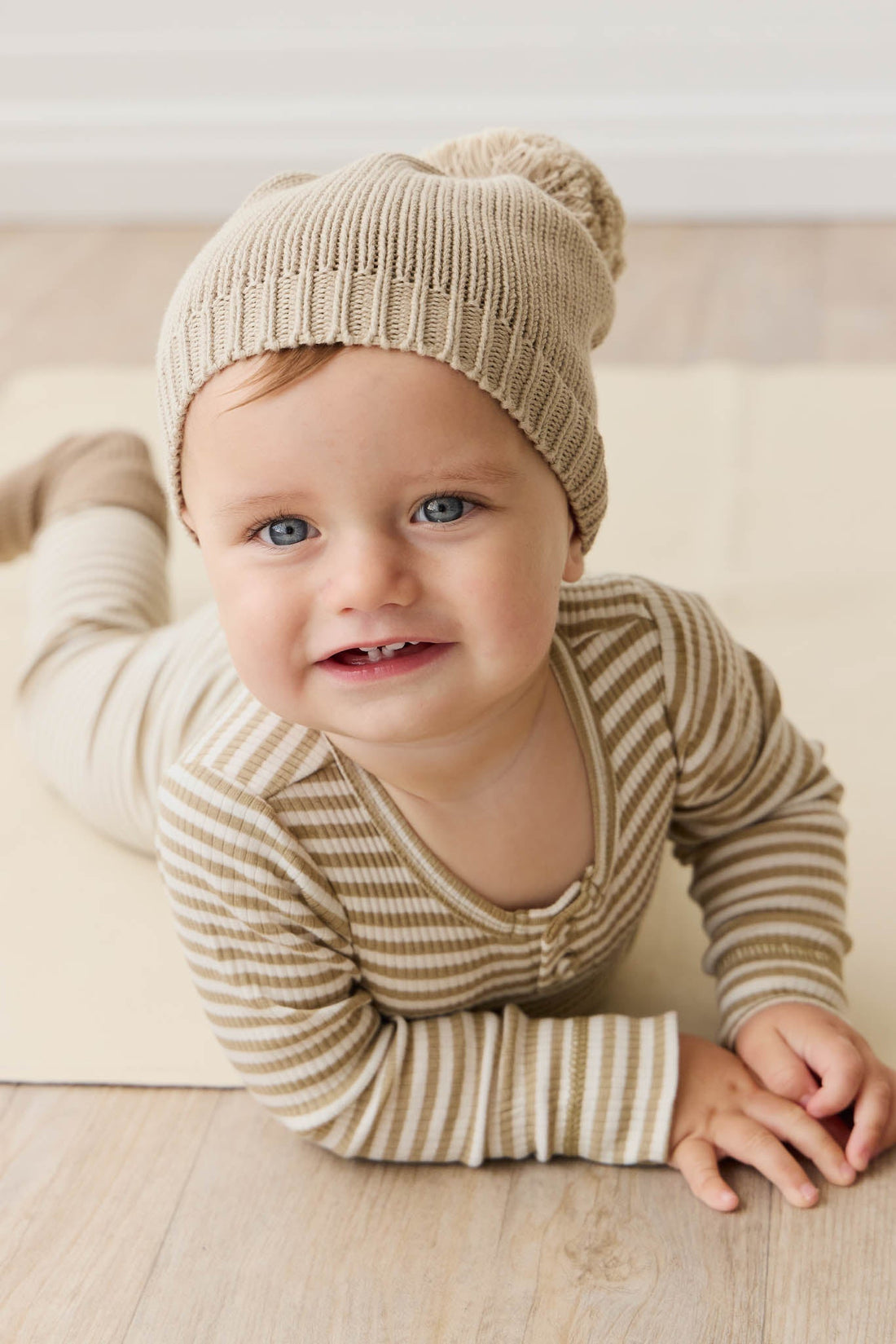 Organic Cotton Modal Long Sleeve Bodysuit - Narrow Stripe Balm/Cloud Childrens Bodysuit from Jamie Kay Australia