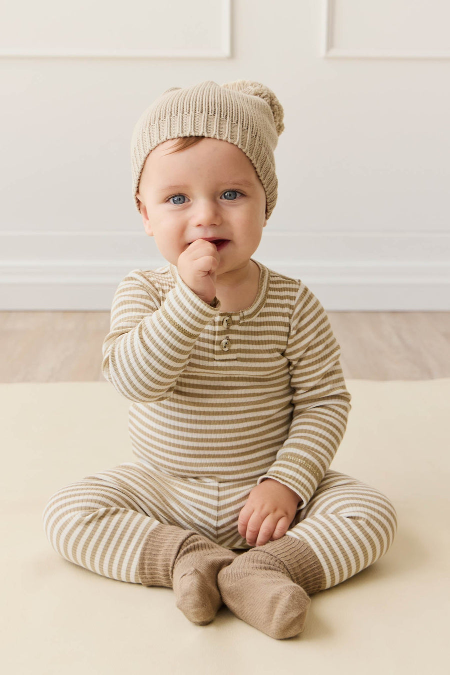 Organic Cotton Modal Everyday Legging - Narrow Stripe Balm/Cloud Childrens Legging from Jamie Kay Australia