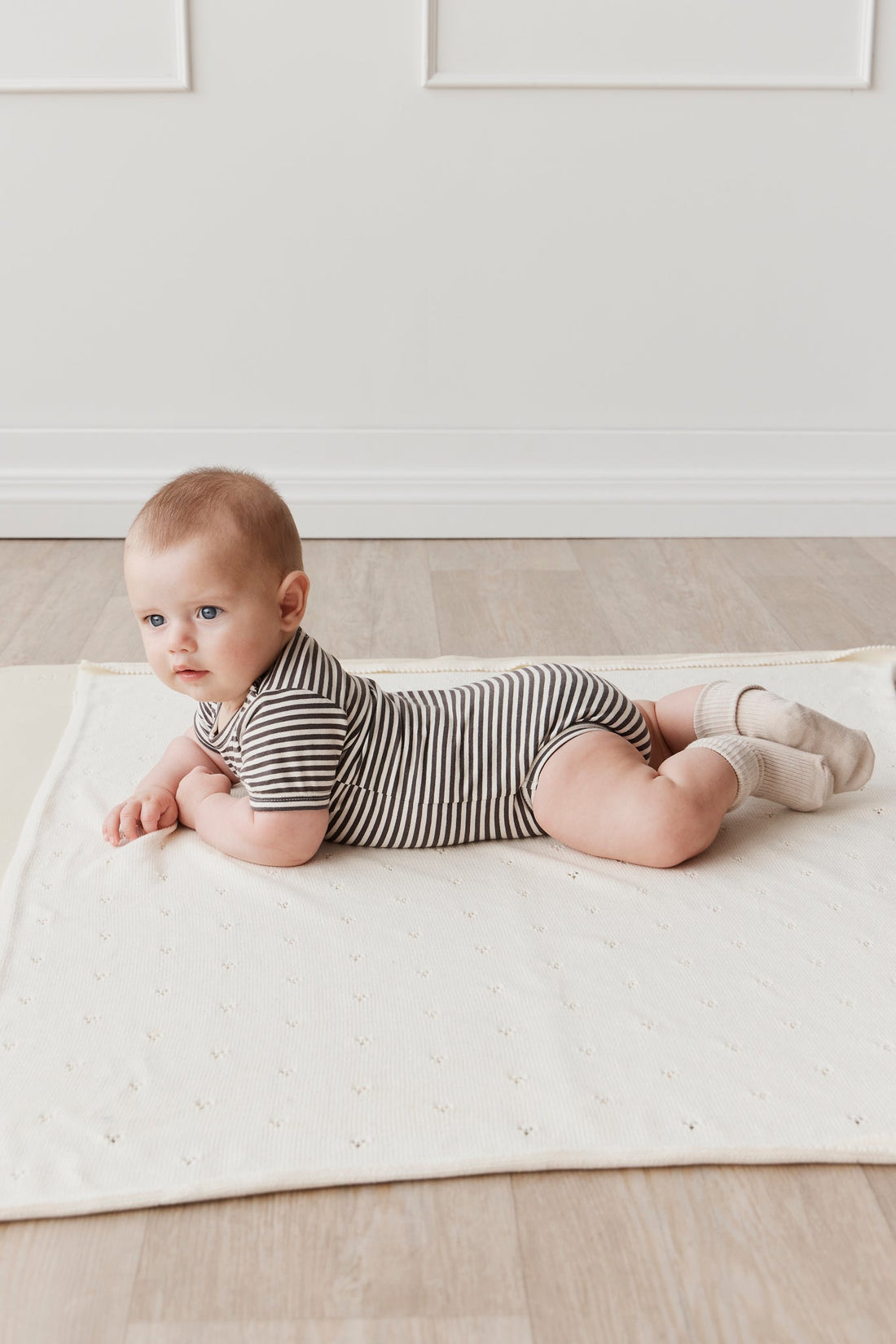 Organic Cotton Hudson Short Sleeve Bodysuit - Black Olive Stripe Childrens Bodysuit from Jamie Kay Australia