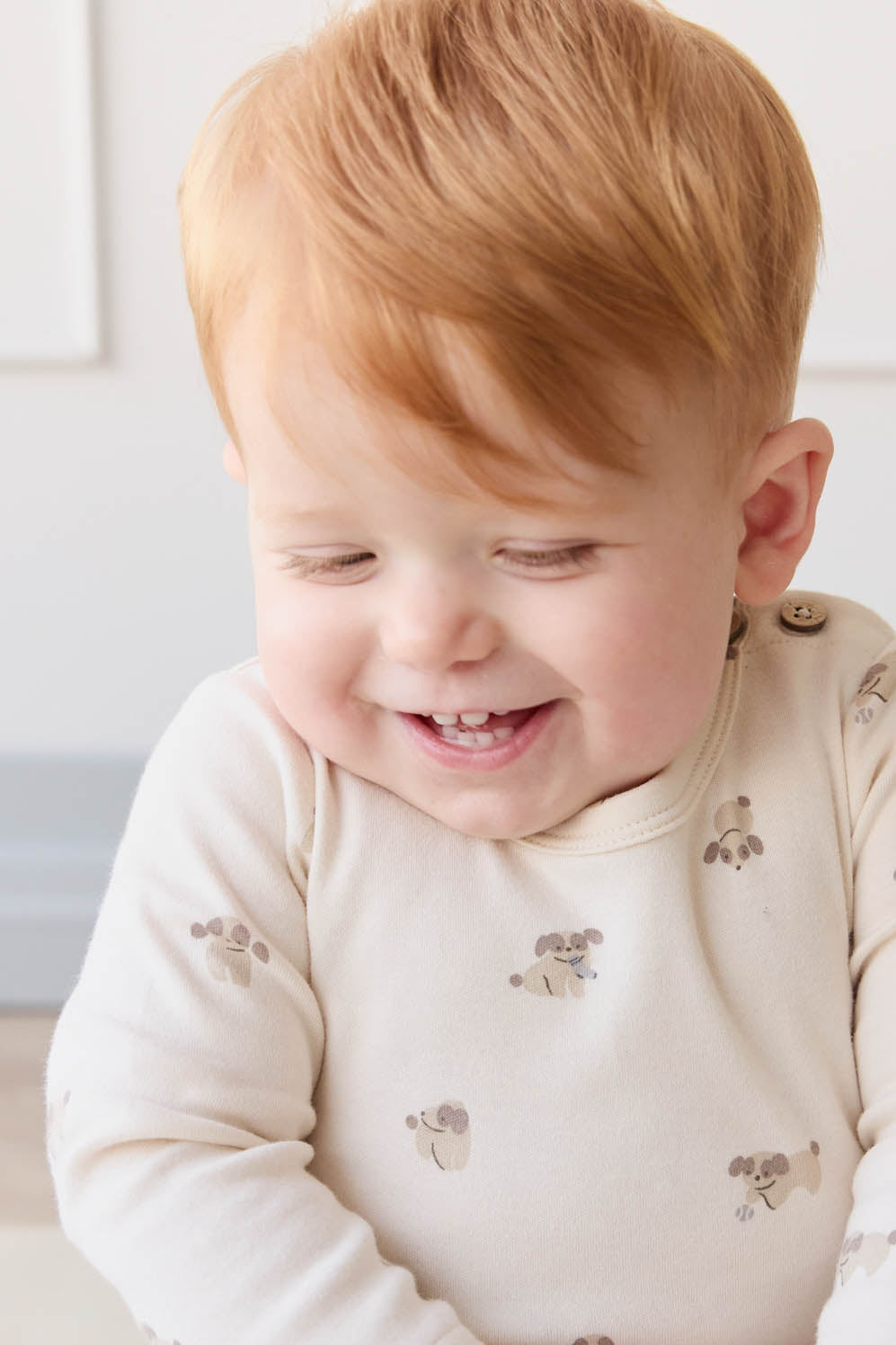 Organic Cotton Fernley Bodysuit - Sasha Puppy Tofu Childrens Bodysuit from Jamie Kay Australia