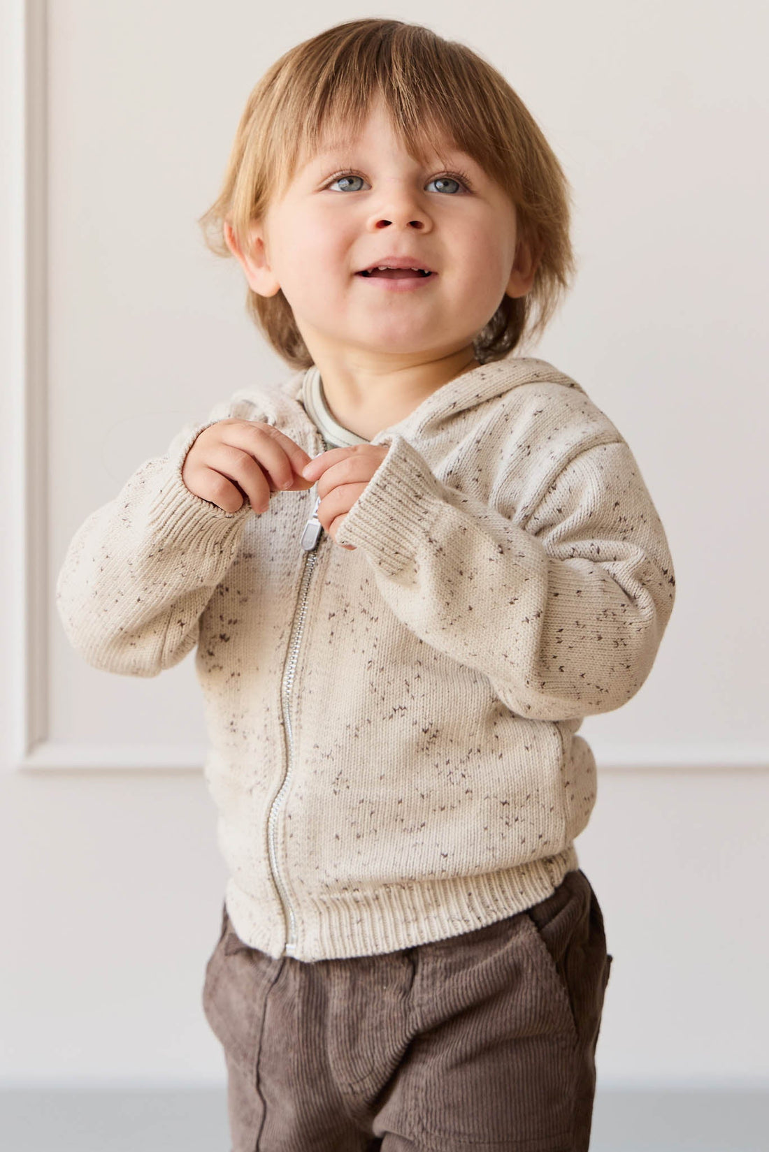 Dillon Knit Zip Hoodie - Oatmeal Shitake Dot Childrens Jacket from Jamie Kay Australia