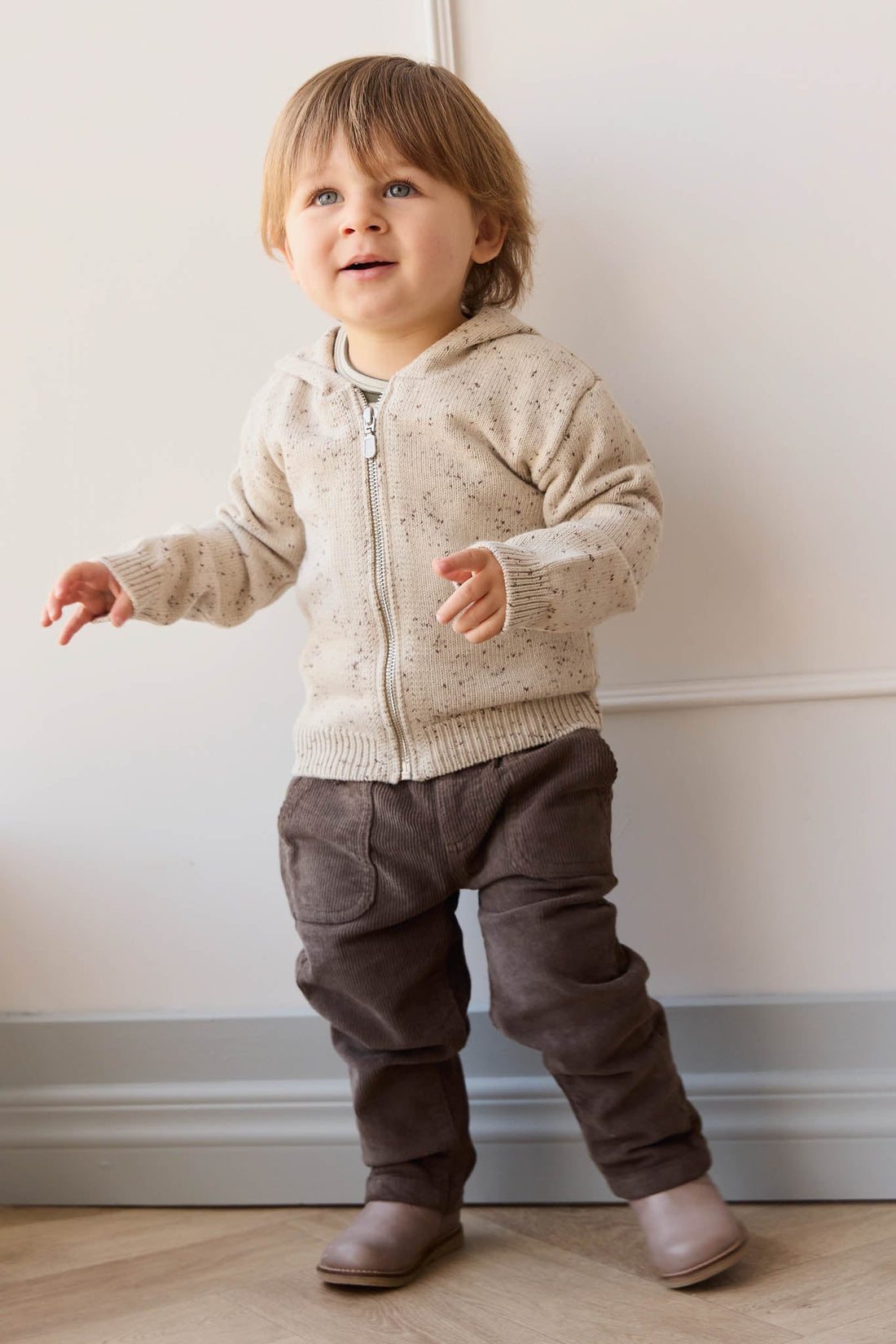 Dillon Knit Zip Hoodie - Oatmeal Shitake Dot Childrens Jacket from Jamie Kay Australia