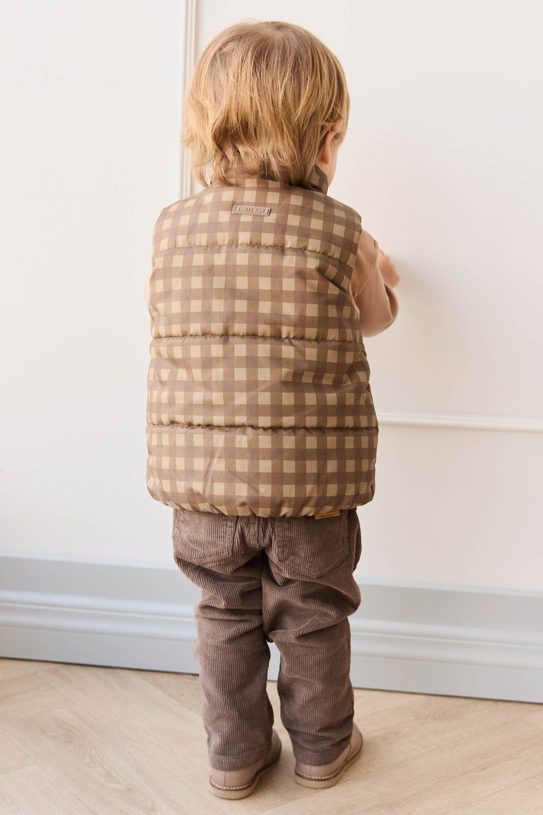 Rudi Puffer Vest - Gingham Shitake Childrens Jacket from Jamie Kay Australia