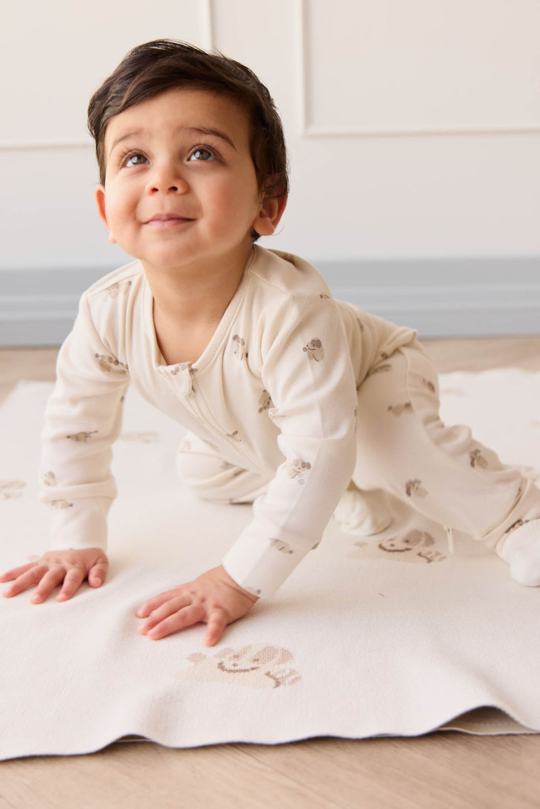 Organic Cotton Reese Zip Onepiece - Sasha Puppy Tofu Childrens Onepiece from Jamie Kay Australia