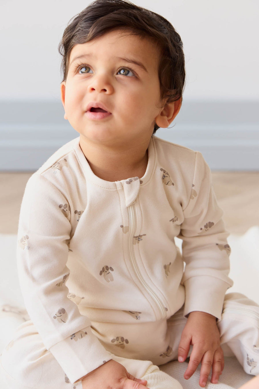 Organic Cotton Reese Zip Onepiece - Sasha Puppy Tofu Childrens Onepiece from Jamie Kay Australia