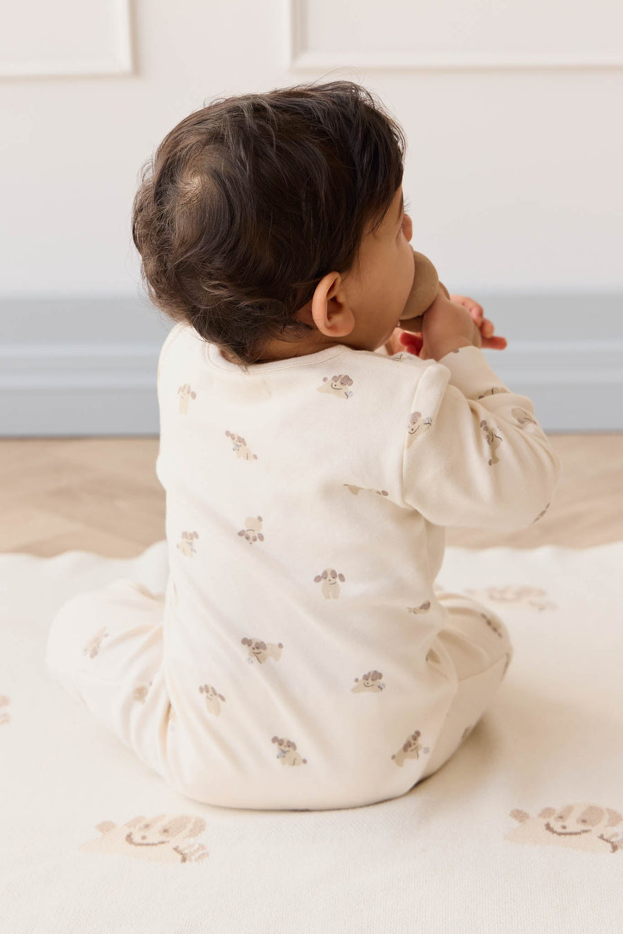Organic Cotton Reese Zip Onepiece - Sasha Puppy Tofu Childrens Onepiece from Jamie Kay Australia