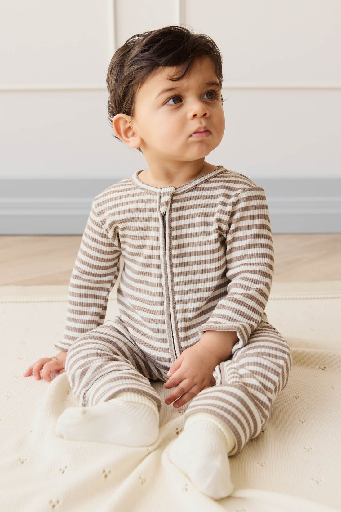 Organic Cotton Modal Gracelyn Onepiece - Narrow Stripe Tweed/Cloud Childrens Onepiece from Jamie Kay Australia