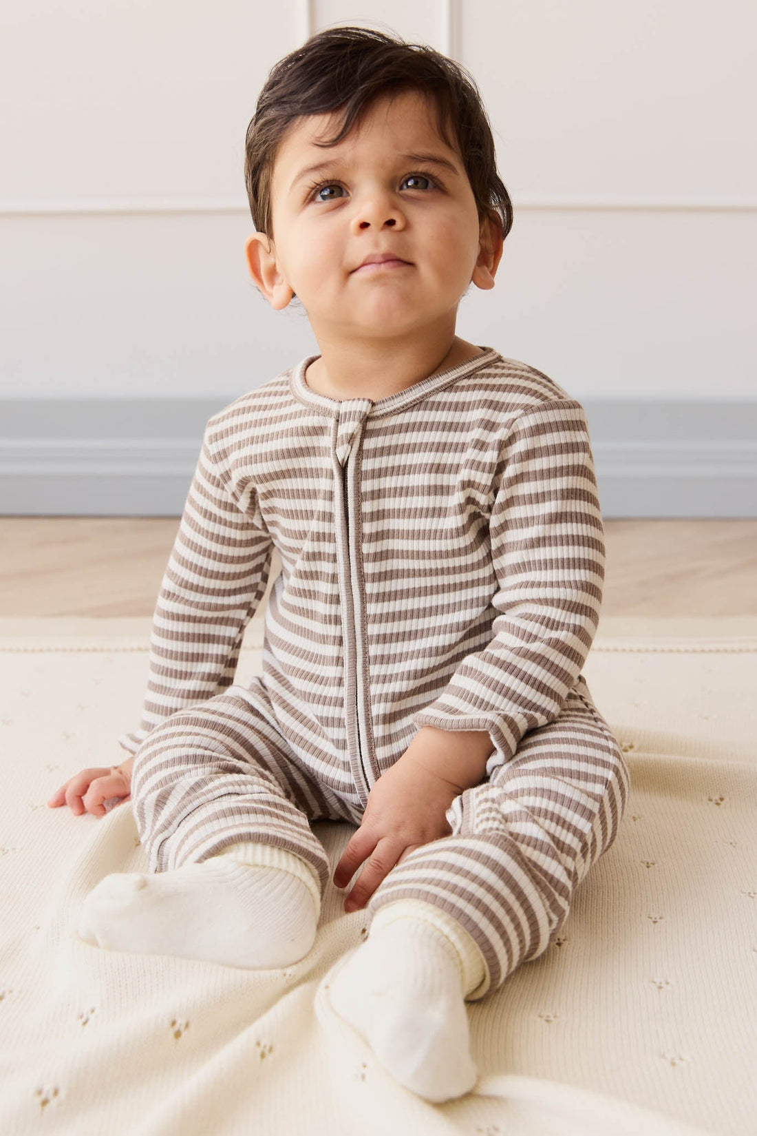 Organic Cotton Modal Gracelyn Onepiece - Narrow Stripe Tweed/Cloud Childrens Onepiece from Jamie Kay Australia