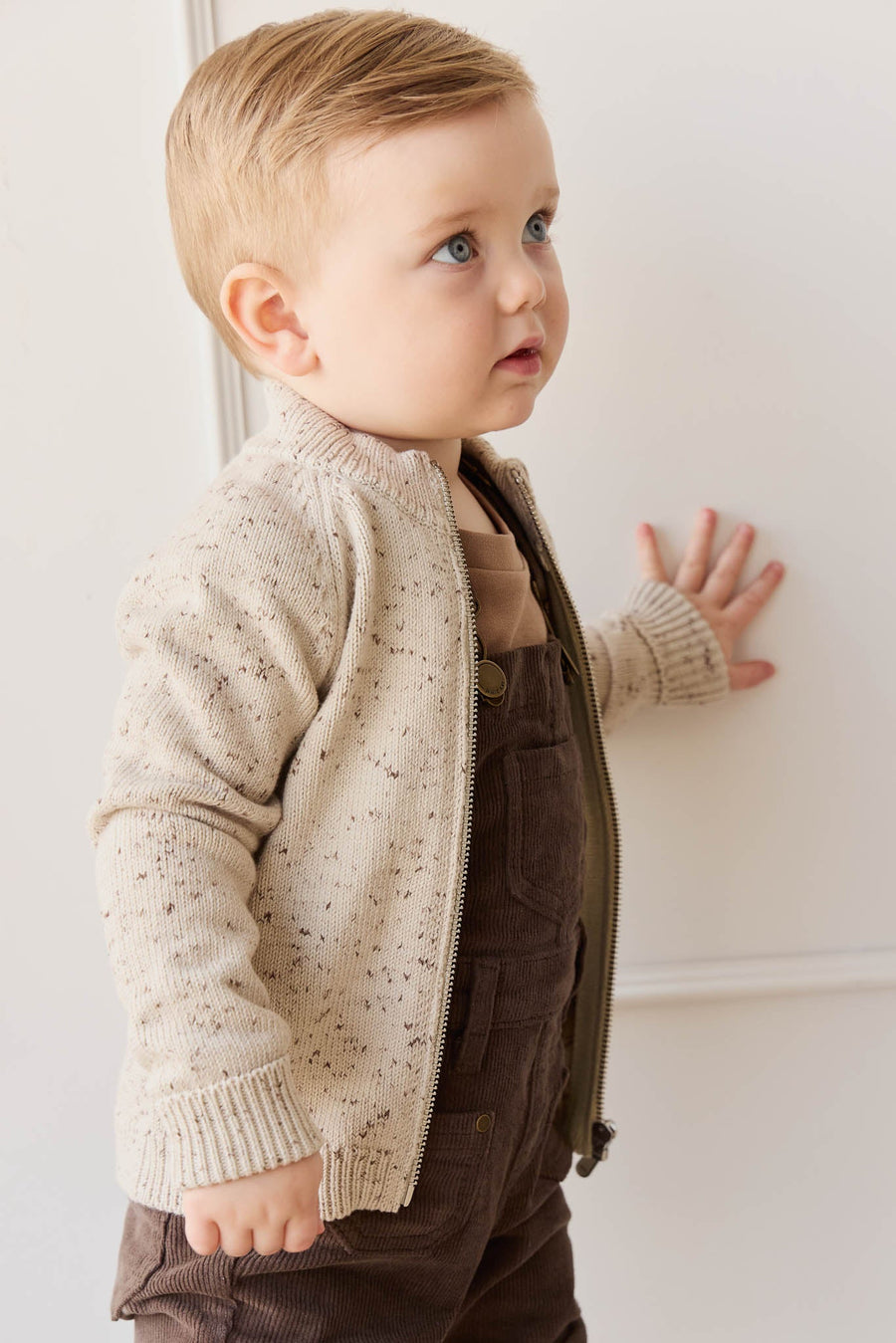 Dean Knit Zip Jacket - Oatmeal Shitake Dot Childrens Jacket from Jamie Kay Australia