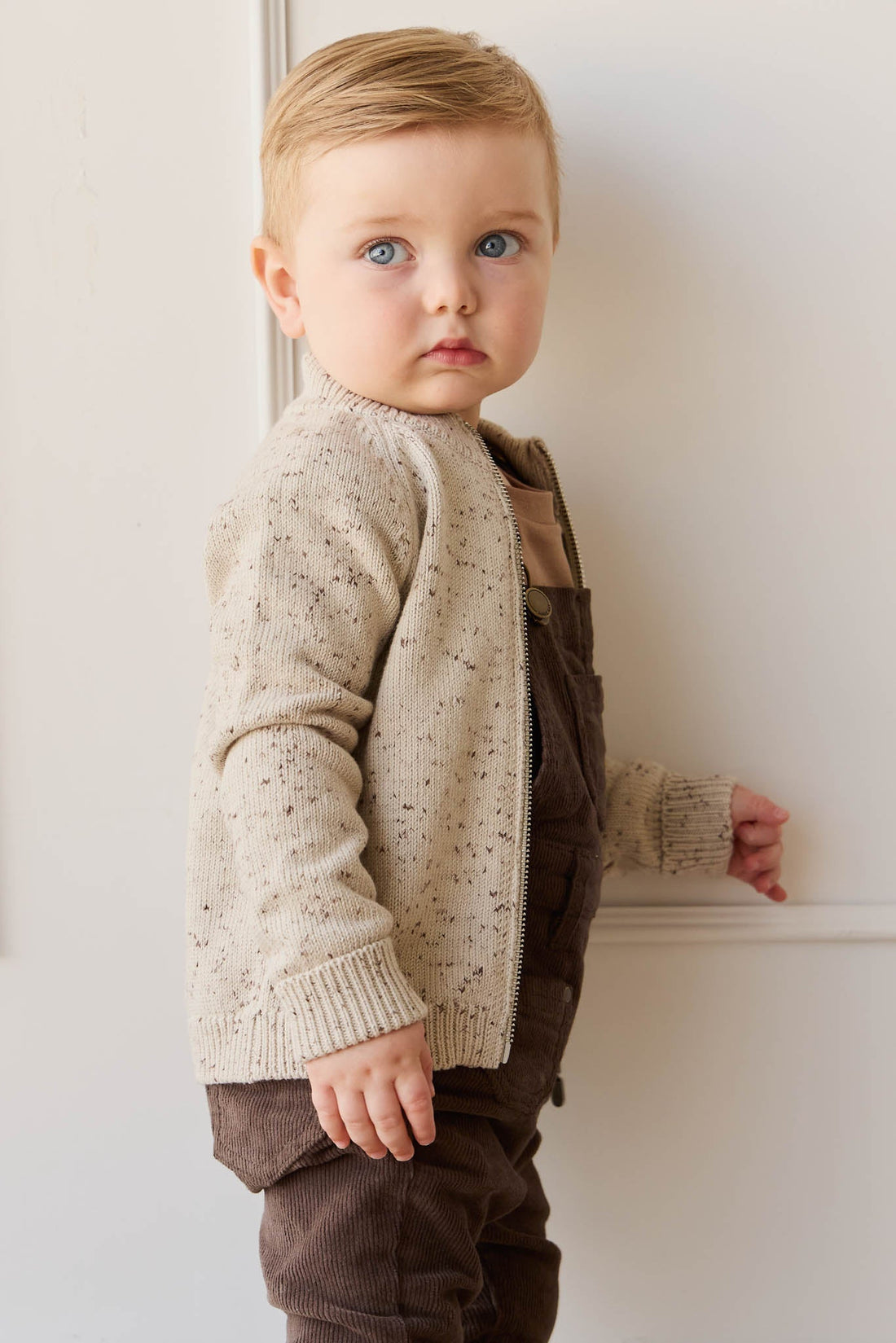 Dean Knit Zip Jacket - Oatmeal Shitake Dot Childrens Jacket from Jamie Kay Australia