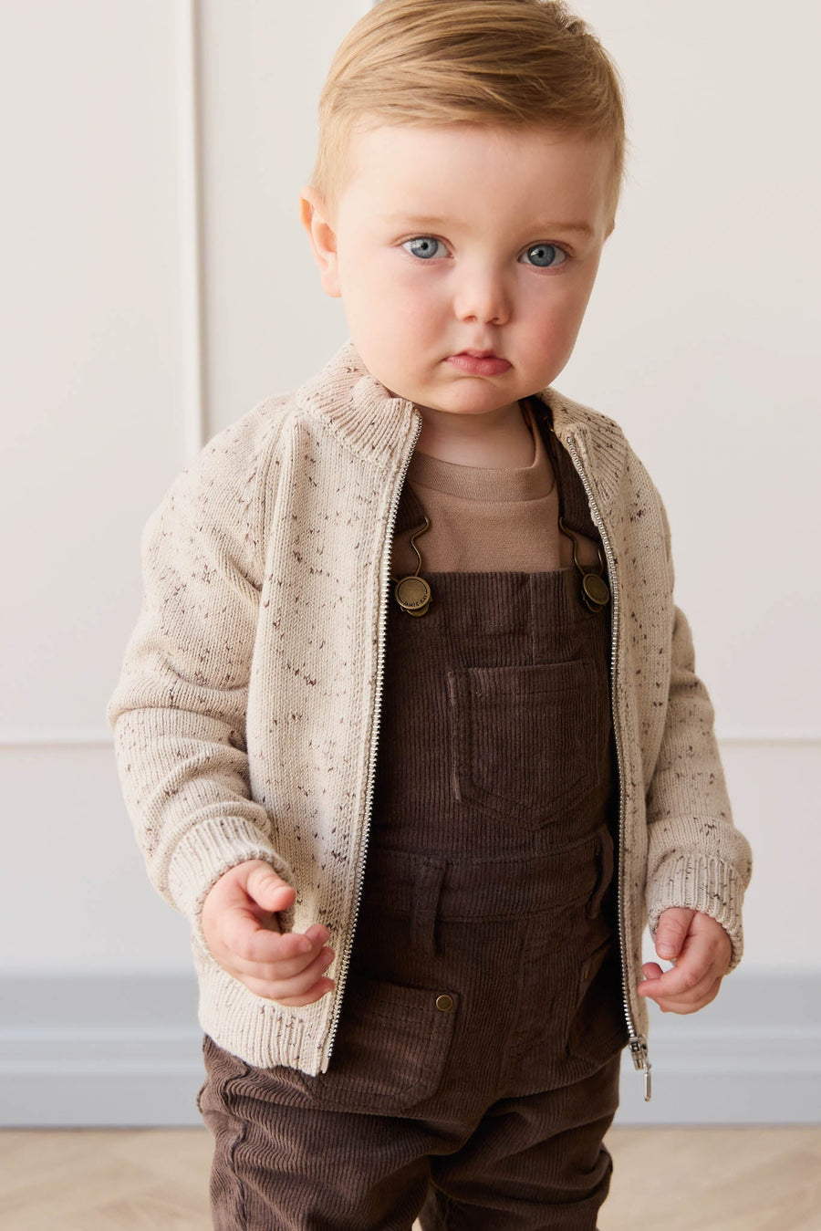 Dean Knit Zip Jacket - Oatmeal Shitake Dot Childrens Jacket from Jamie Kay Australia