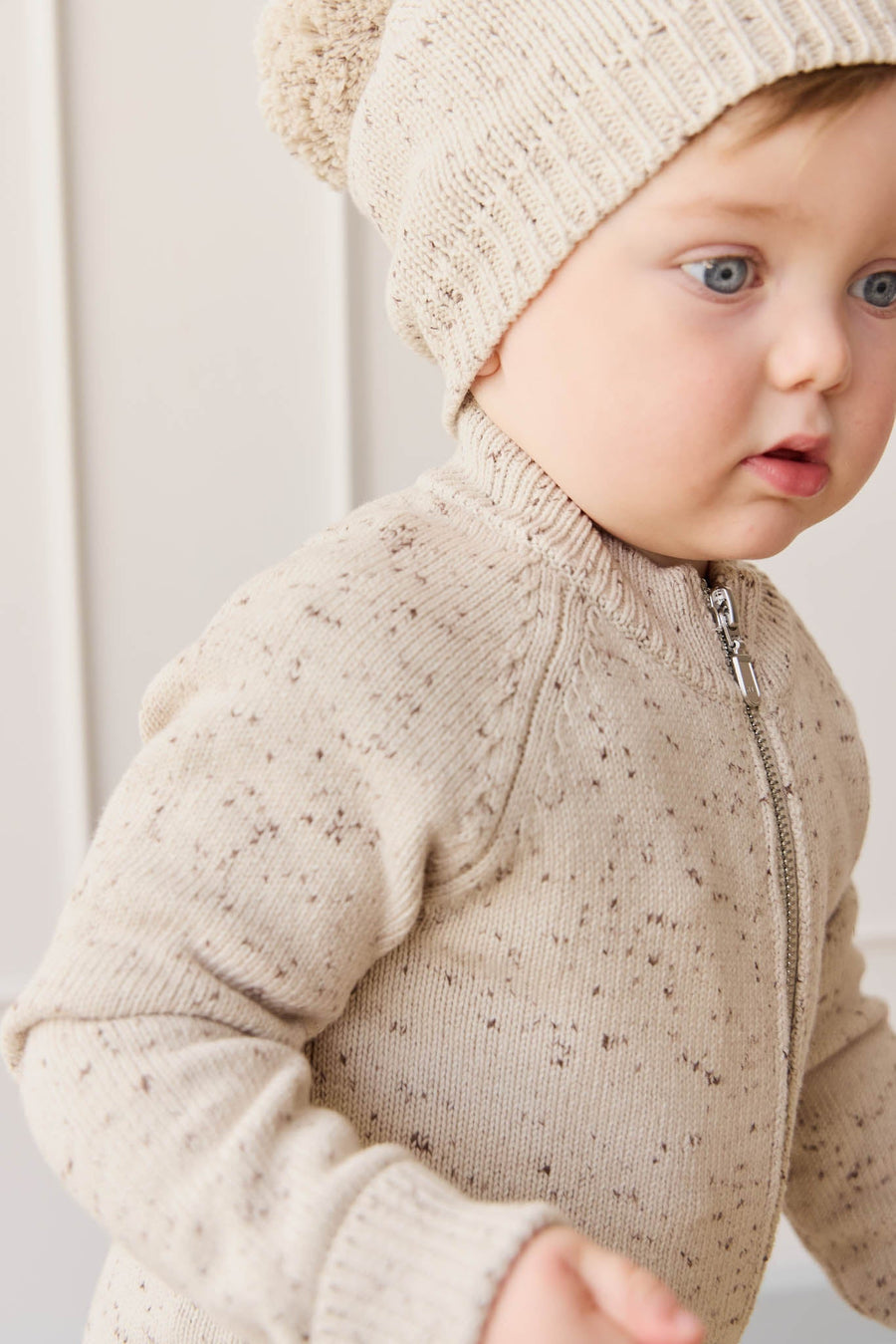 Dean Knit Zip Jacket - Oatmeal Shitake Dot Childrens Jacket from Jamie Kay Australia