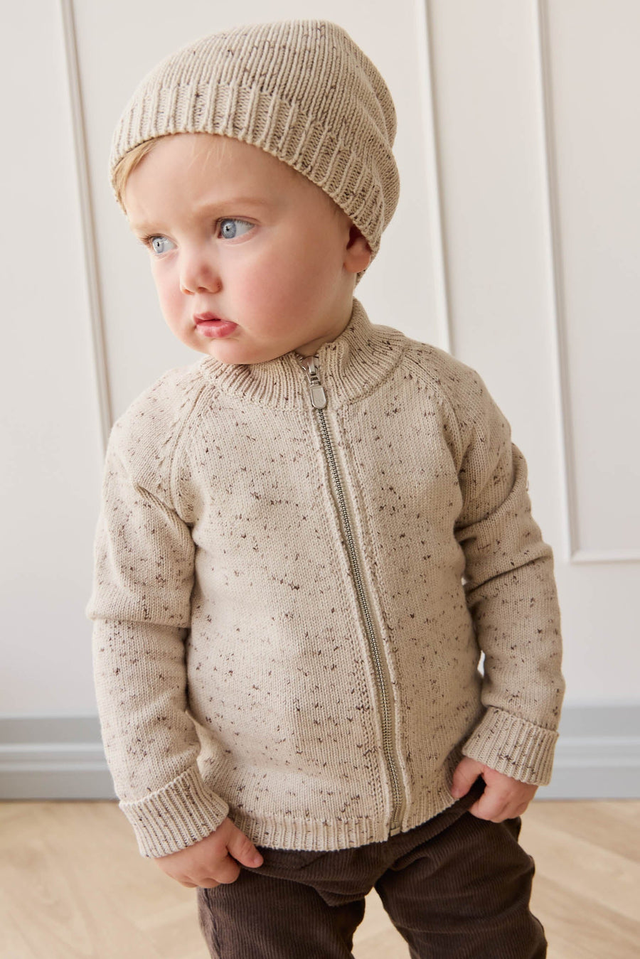 Dean Knit Zip Jacket - Oatmeal Shitake Dot Childrens Jacket from Jamie Kay Australia