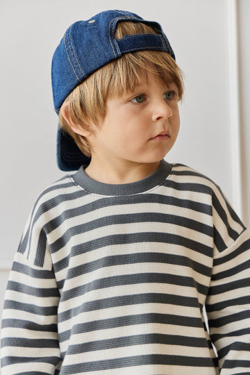Organic Cotton Waffle Leith Long Sleeve Top - Oliver Stripe Atlantic/Cloud Childrens Top from Jamie Kay Australia