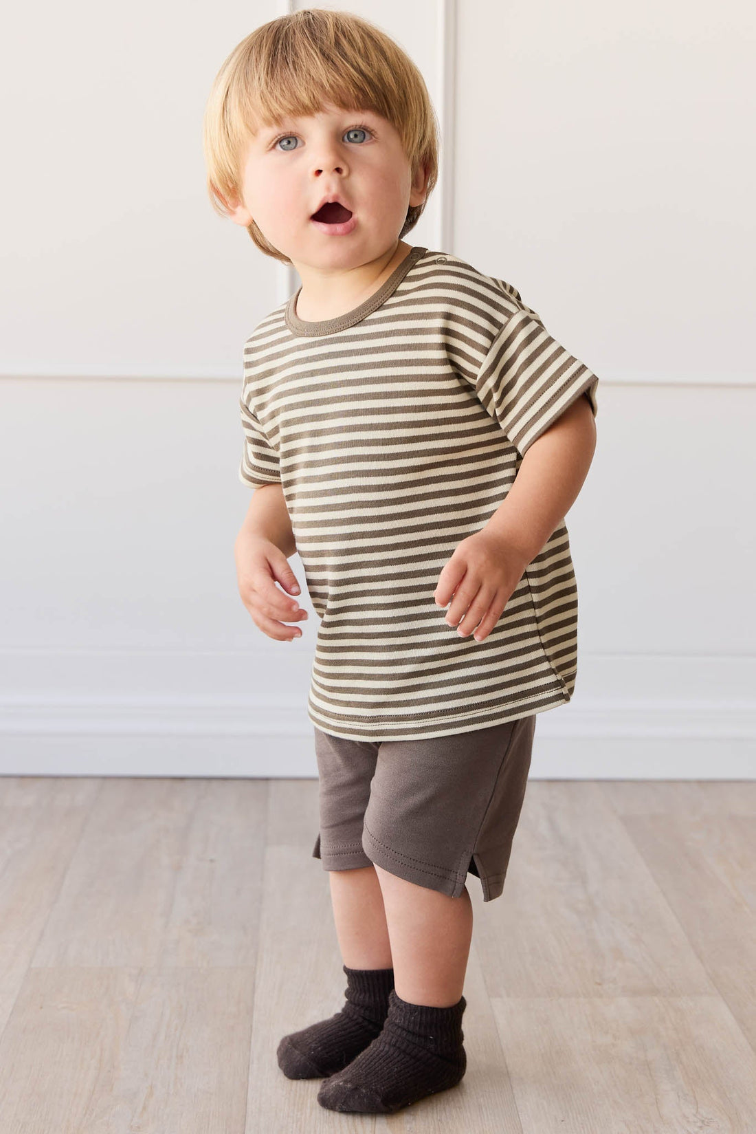 Pima Cotton Hunter Tee - Narrow Stripe Brownie/Biscuit Childrens Top from Jamie Kay Australia