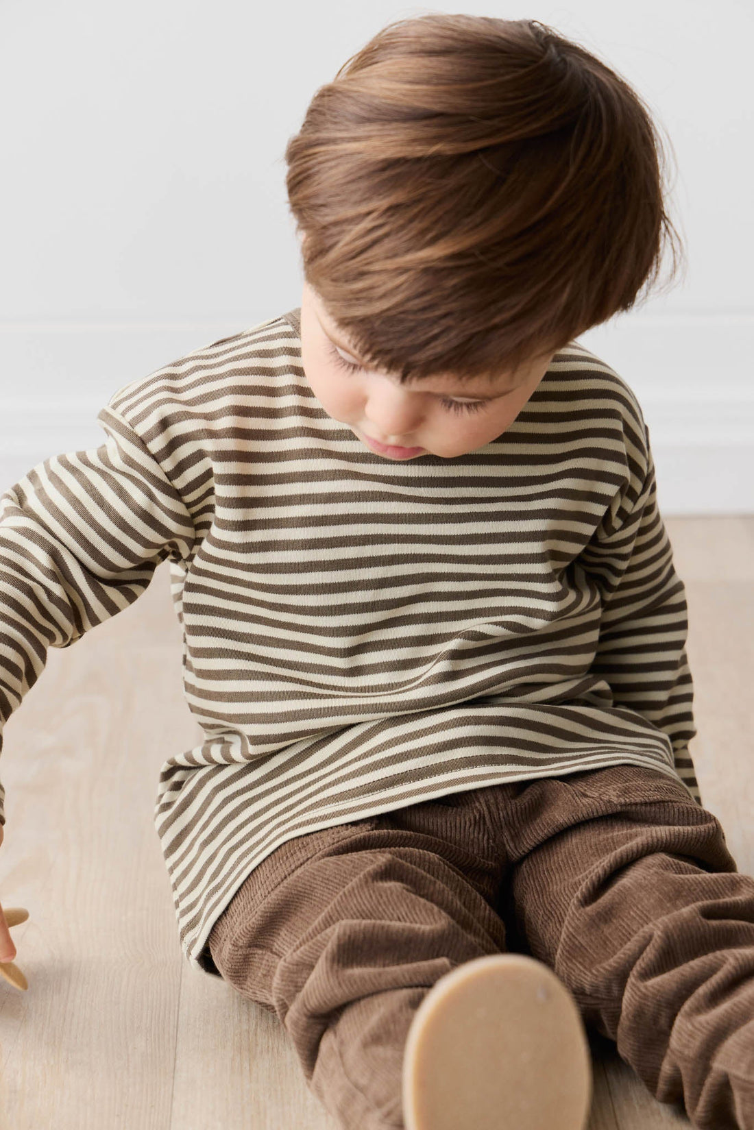 Pima Cotton Arnold Long Sleeve Top - Narrow Stripe Brownie/Biscuit Childrens Top from Jamie Kay Australia