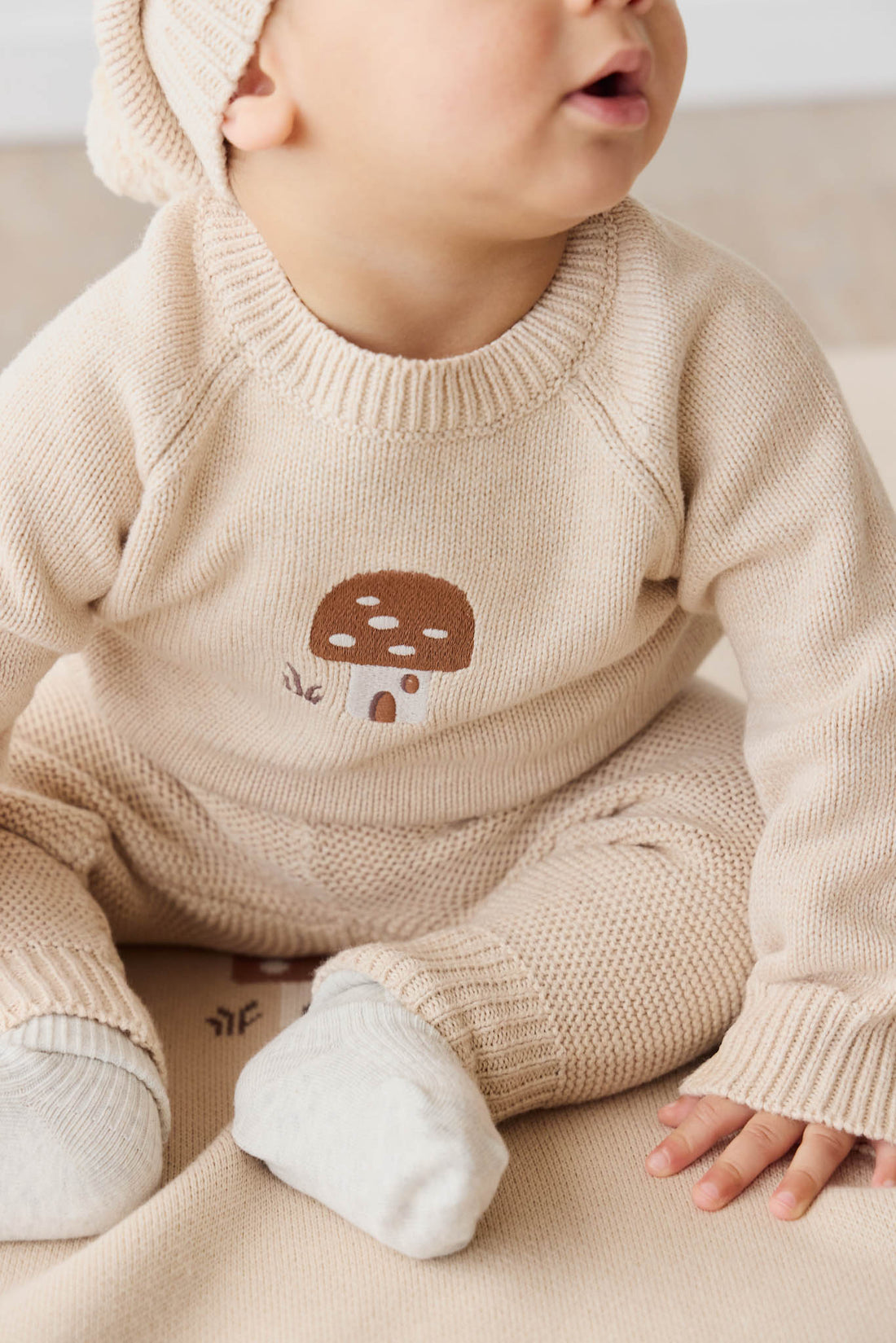 Ethan Jumper - Oatmeal Marle Jacquard Mushroom House Childrens Jumper from Jamie Kay Australia