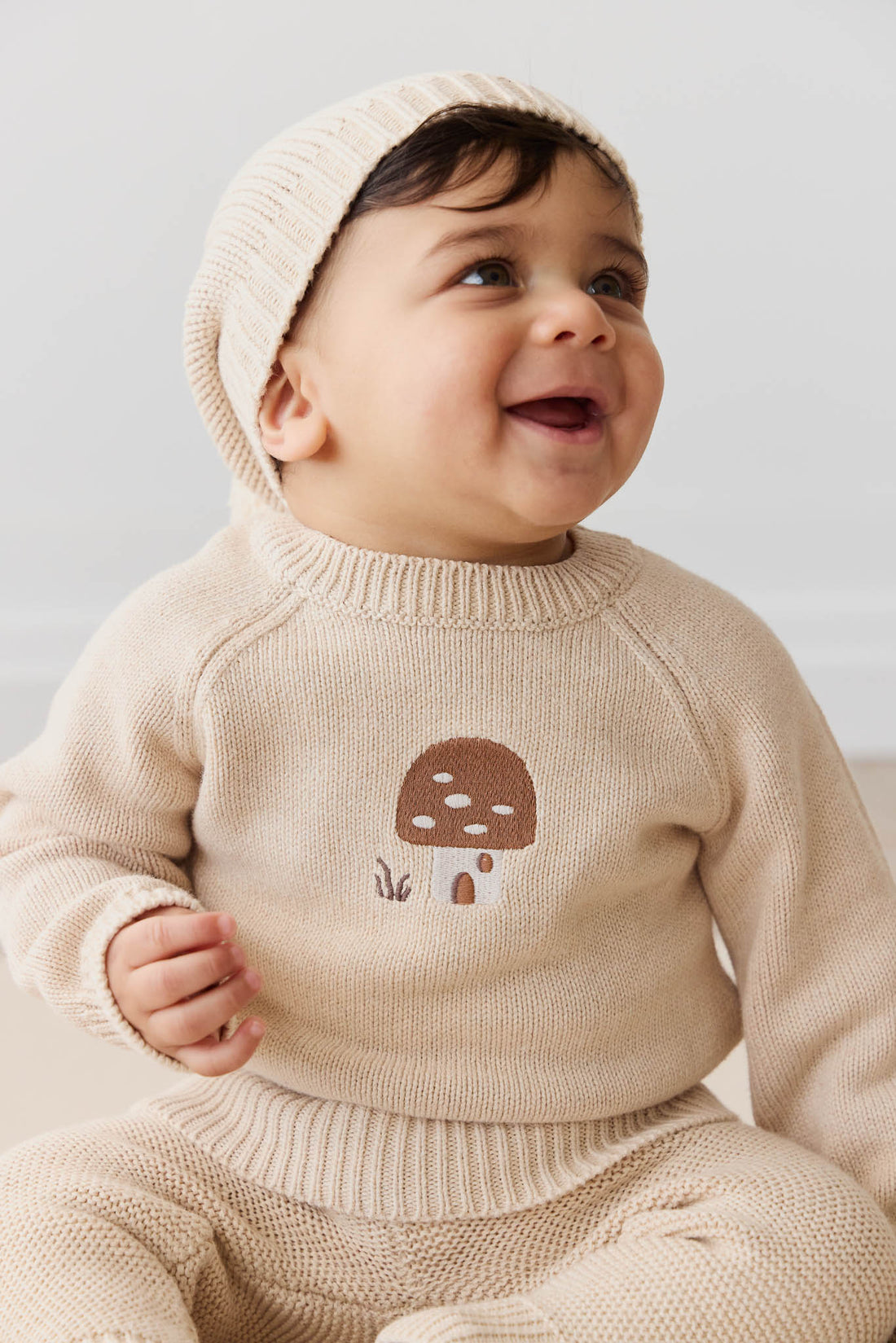 Ethan Jumper - Oatmeal Marle Jacquard Mushroom House Childrens Jumper from Jamie Kay Australia