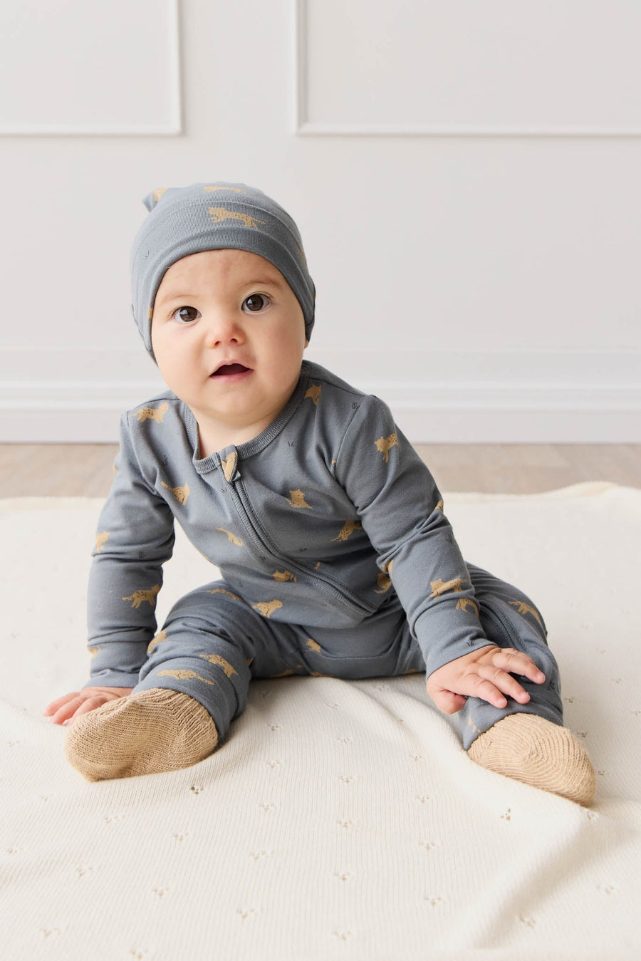 Organic Cotton Reese Zip Onepiece - Lenny Leopard Smoke Childrens Onepiece from Jamie Kay Australia