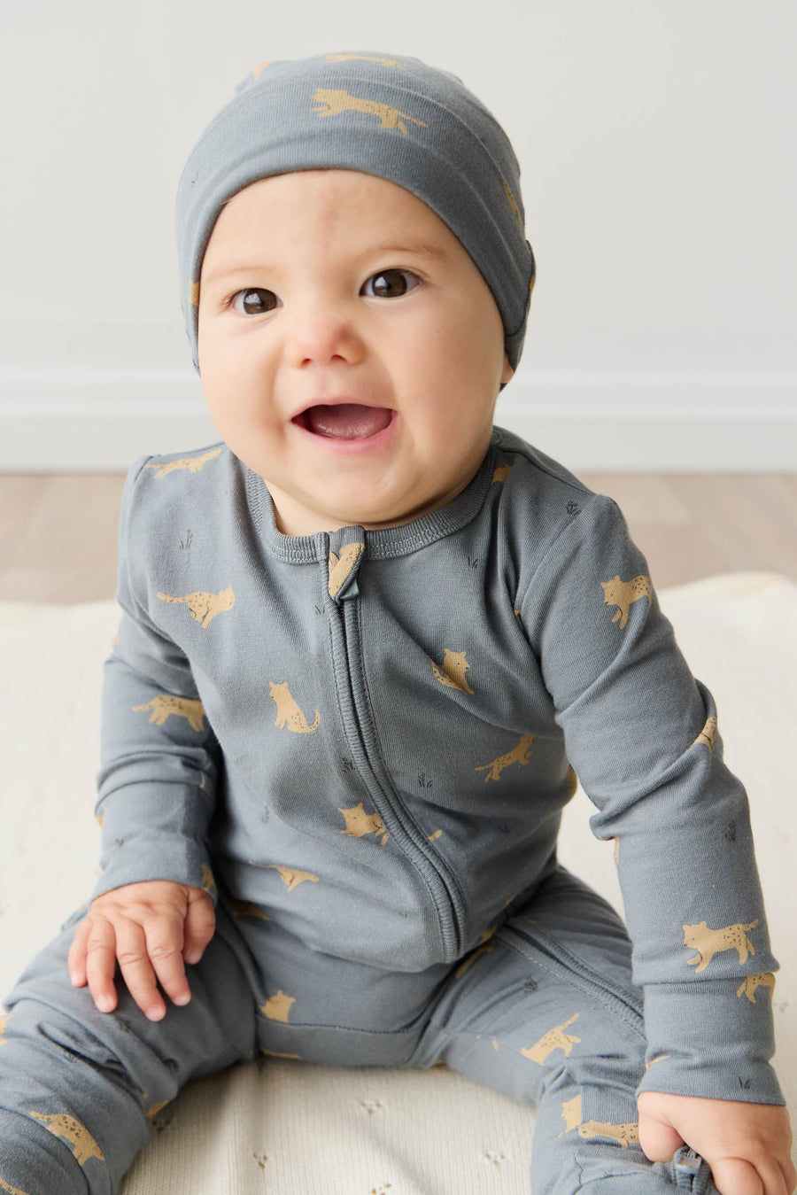 Organic Cotton Reese Zip Onepiece - Lenny Leopard Smoke Childrens Onepiece from Jamie Kay Australia