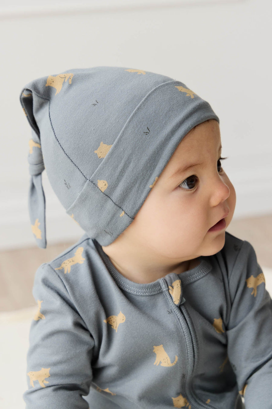 Organic Cotton Knot Beanie - Lenny Leopard Smoke Childrens Hat from Jamie Kay Australia