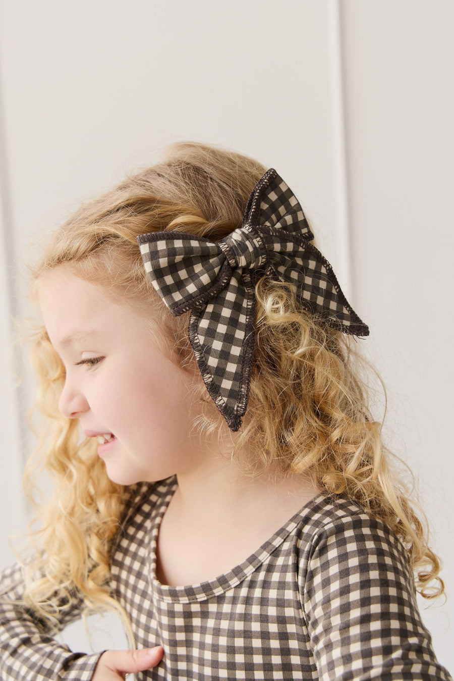 Organic Cotton Bow - Mini Gingham Bistre Childrens Hair Bow from Jamie Kay Australia