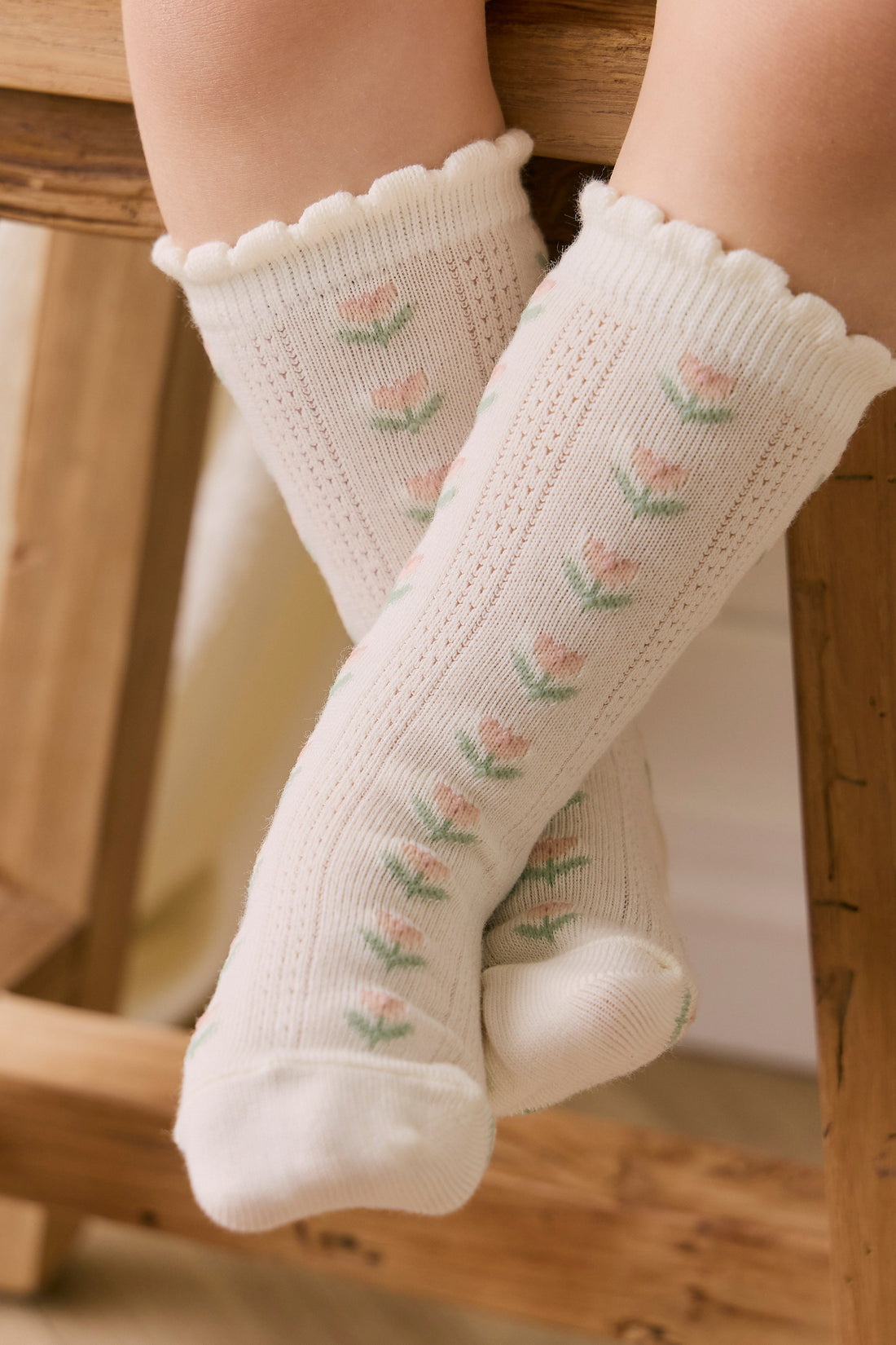Ines Knee High Sock - Ines Floral Egret Childrens Sock from Jamie Kay Australia