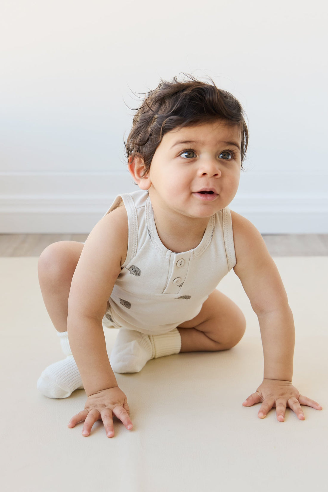 Pima Cotton Noah Playsuit - Henry Hedgehog Birch Childrens Playsuit from Jamie Kay Australia