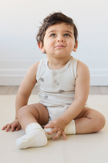 Pima Cotton Noah Playsuit - Henry Hedgehog Birch Childrens Playsuit from Jamie Kay Australia