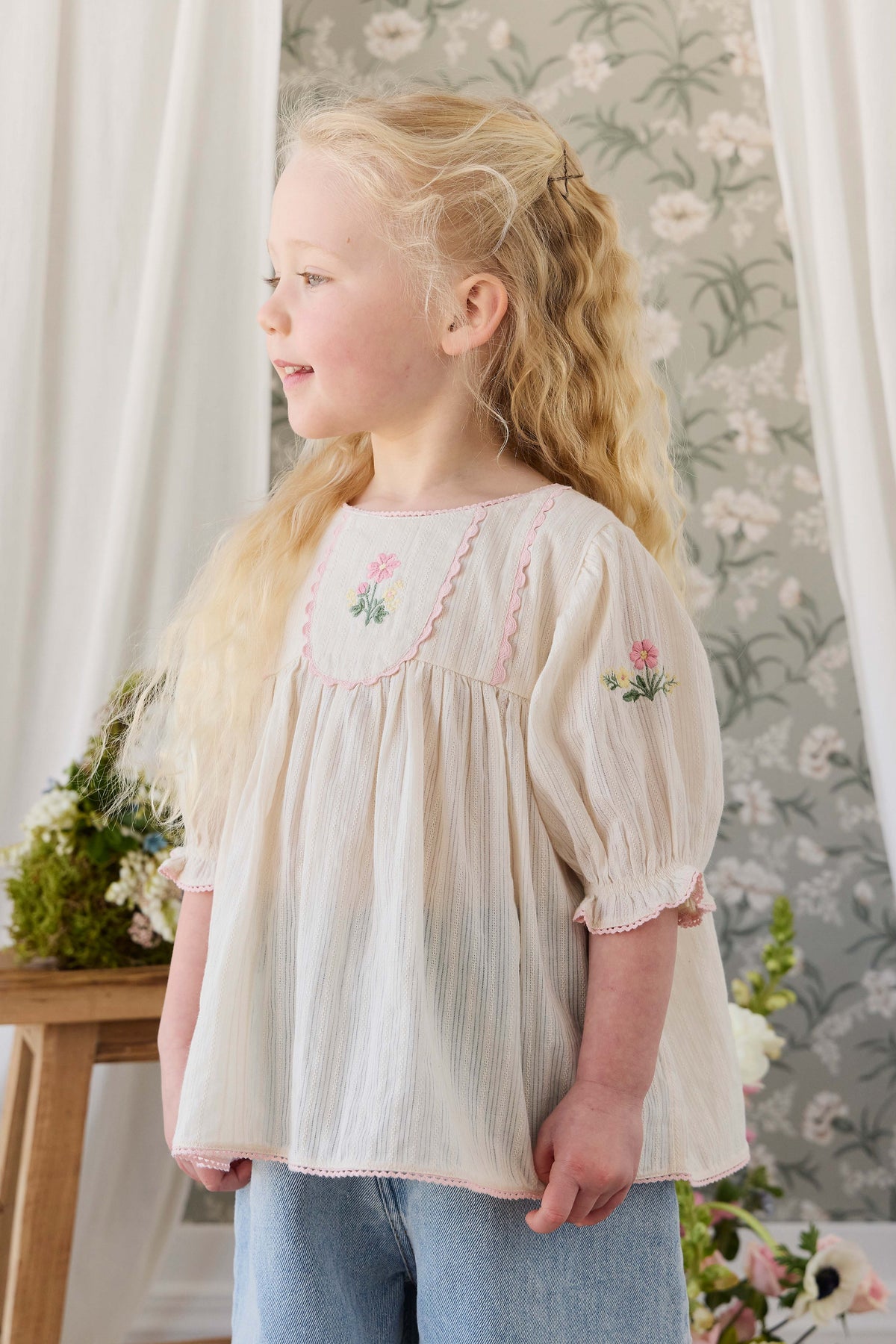 Organic Cotton Whitley Top - Vanilla Embroidery Pink Childrens Top from Jamie Kay Australia