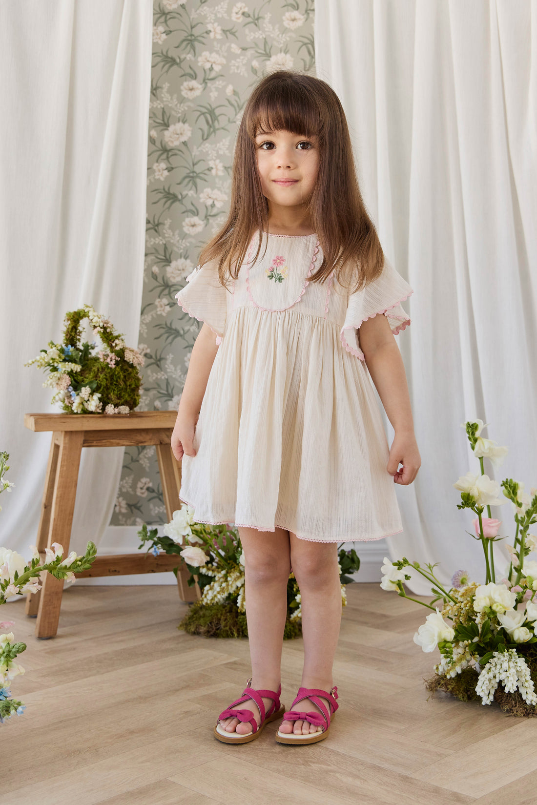 Organic Cotton Zadie Dress - Vanilla Embroidery Pink Childrens Dress from Jamie Kay Australia