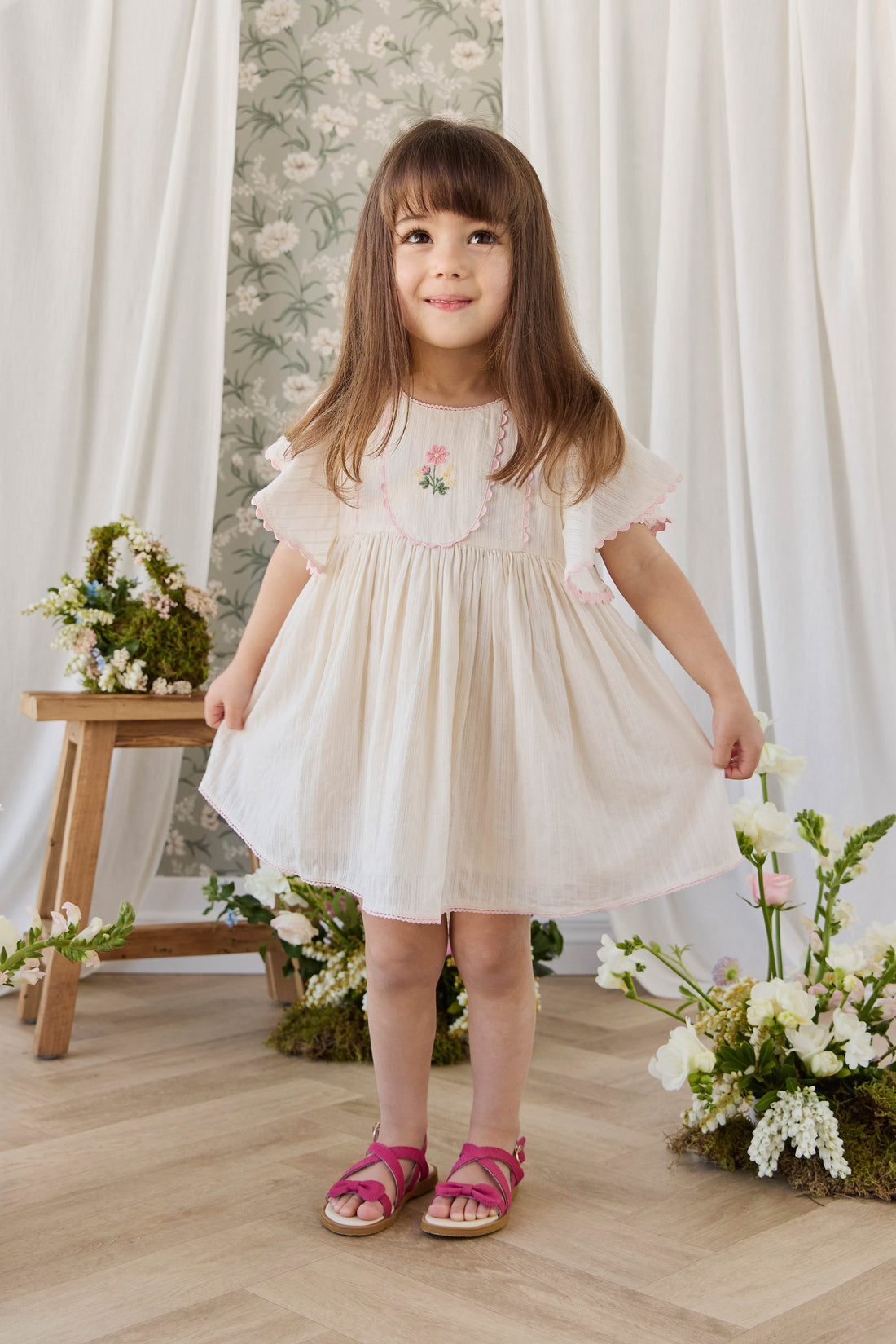 Organic Cotton Zadie Dress - Vanilla Embroidery Pink Childrens Dress from Jamie Kay Australia