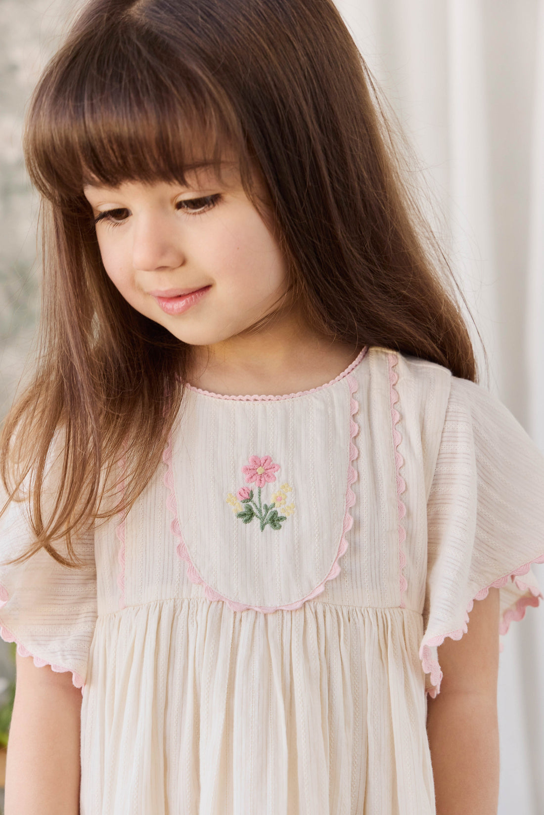Organic Cotton Zadie Dress - Vanilla Embroidery Pink Childrens Dress from Jamie Kay Australia