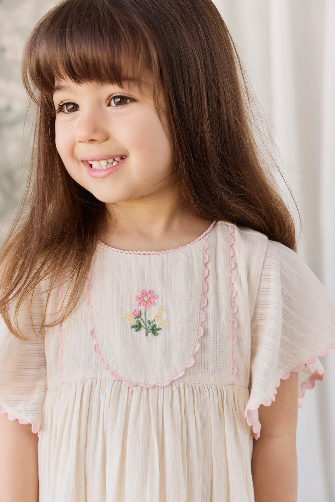 Organic Cotton Zadie Dress - Vanilla Embroidery Pink Childrens Dress from Jamie Kay Australia