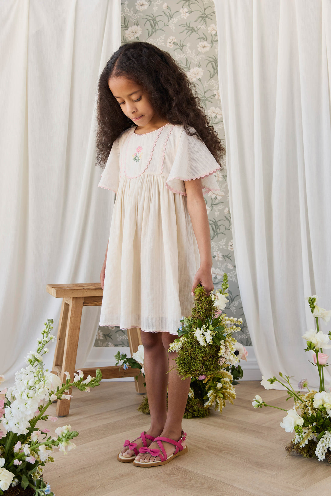 Organic Cotton Zadie Dress - Vanilla Embroidery Pink Childrens Dress from Jamie Kay Australia
