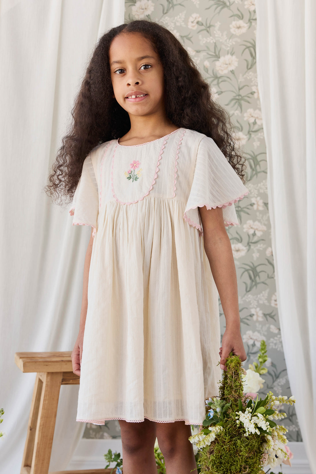 Organic Cotton Zadie Dress - Vanilla Embroidery Pink Childrens Dress from Jamie Kay Australia