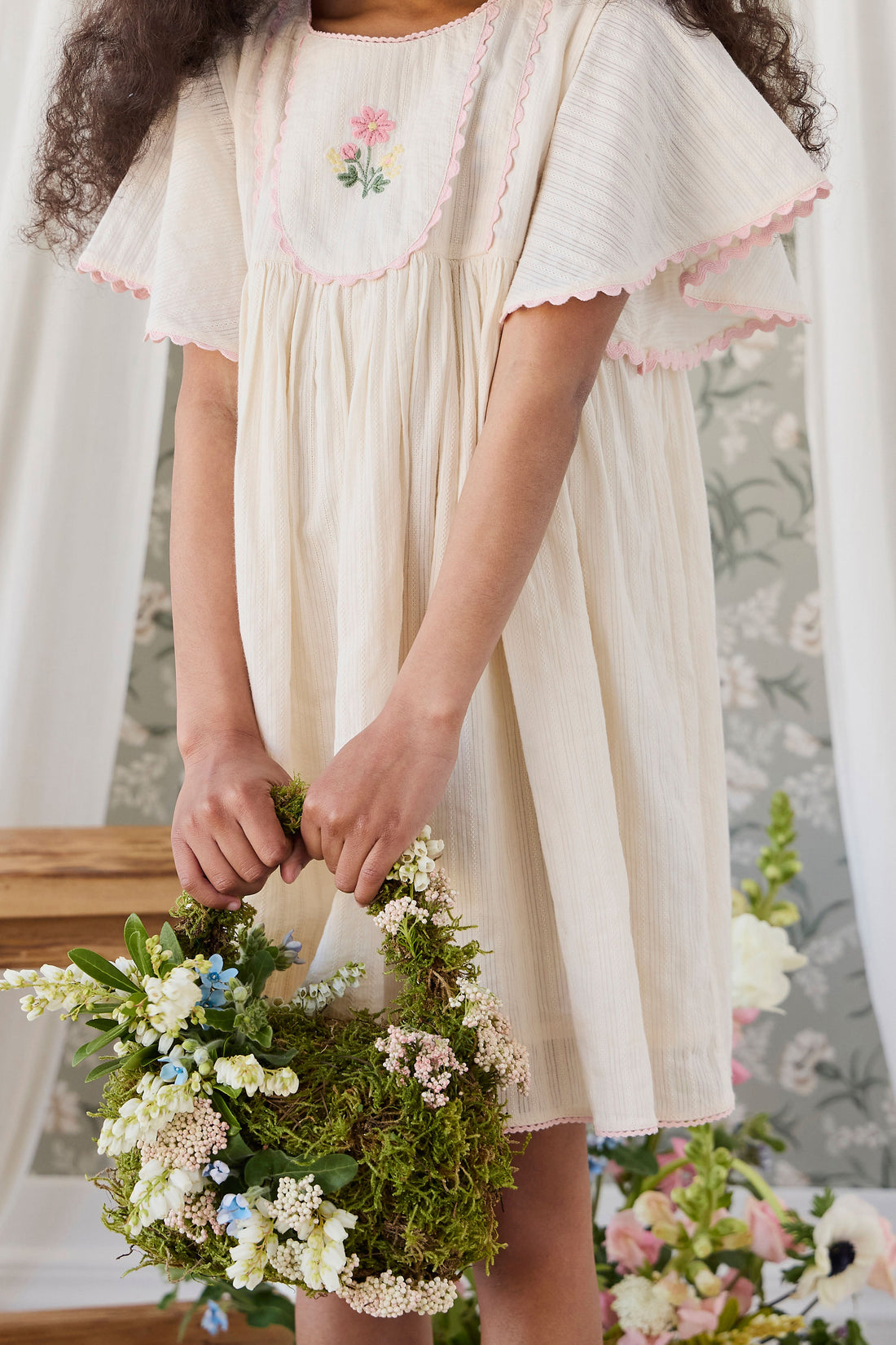 Organic Cotton Zadie Dress - Vanilla Embroidery Pink Childrens Dress from Jamie Kay Australia