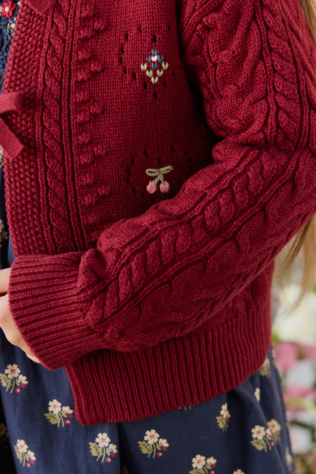 Jovie Knitted Cardigan - Josephine Embroidery Vintage Cherry Childrens Cardigan from Jamie Kay Australia
