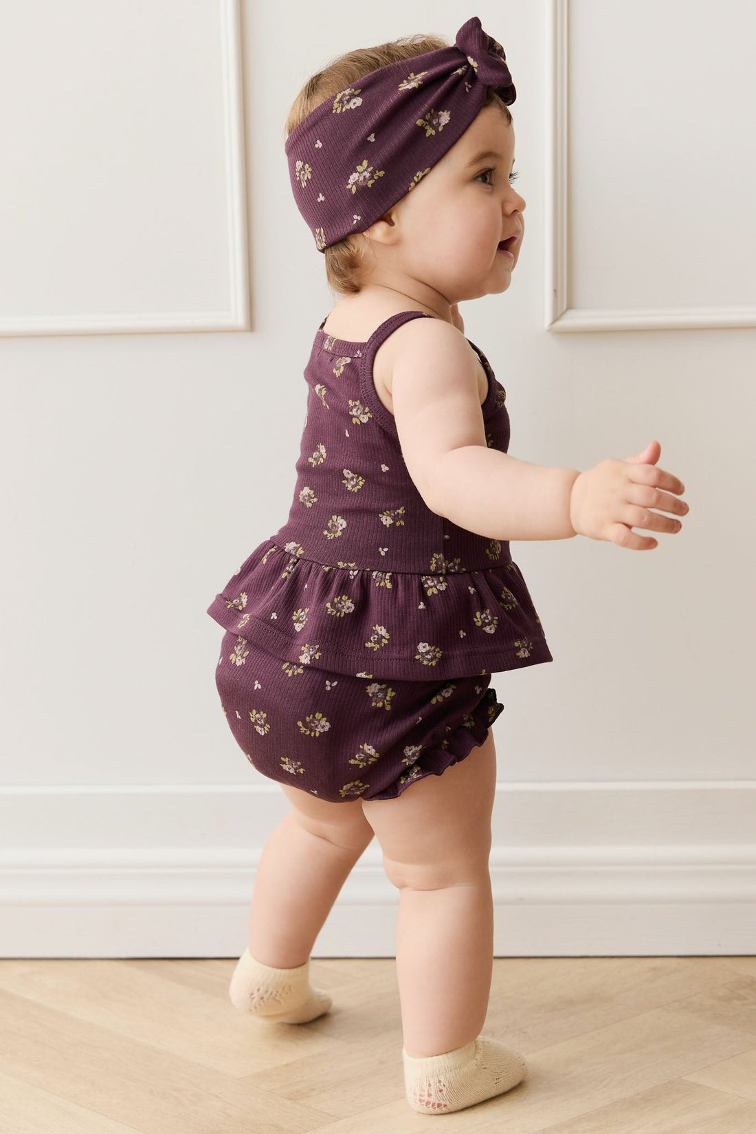 Organic Cotton Fine Rib Frill Bloomer - Simone Huckleberry Childrens Bloomer from Jamie Kay Australia