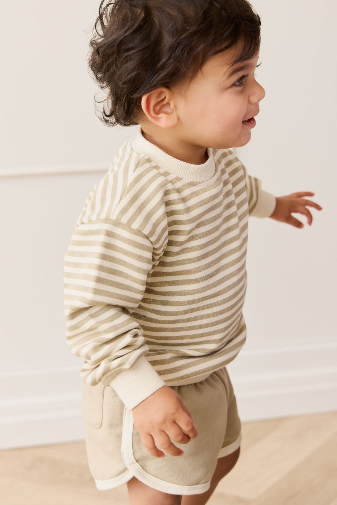 Organic Cotton Peyton Sweatshirt - Slim Stripe Sandy Brown/Cloud Childrens Top from Jamie Kay Australia