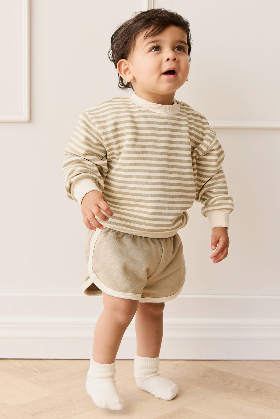 Organic Cotton Peyton Sweatshirt - Slim Stripe Sandy Brown/Cloud Childrens Top from Jamie Kay Australia