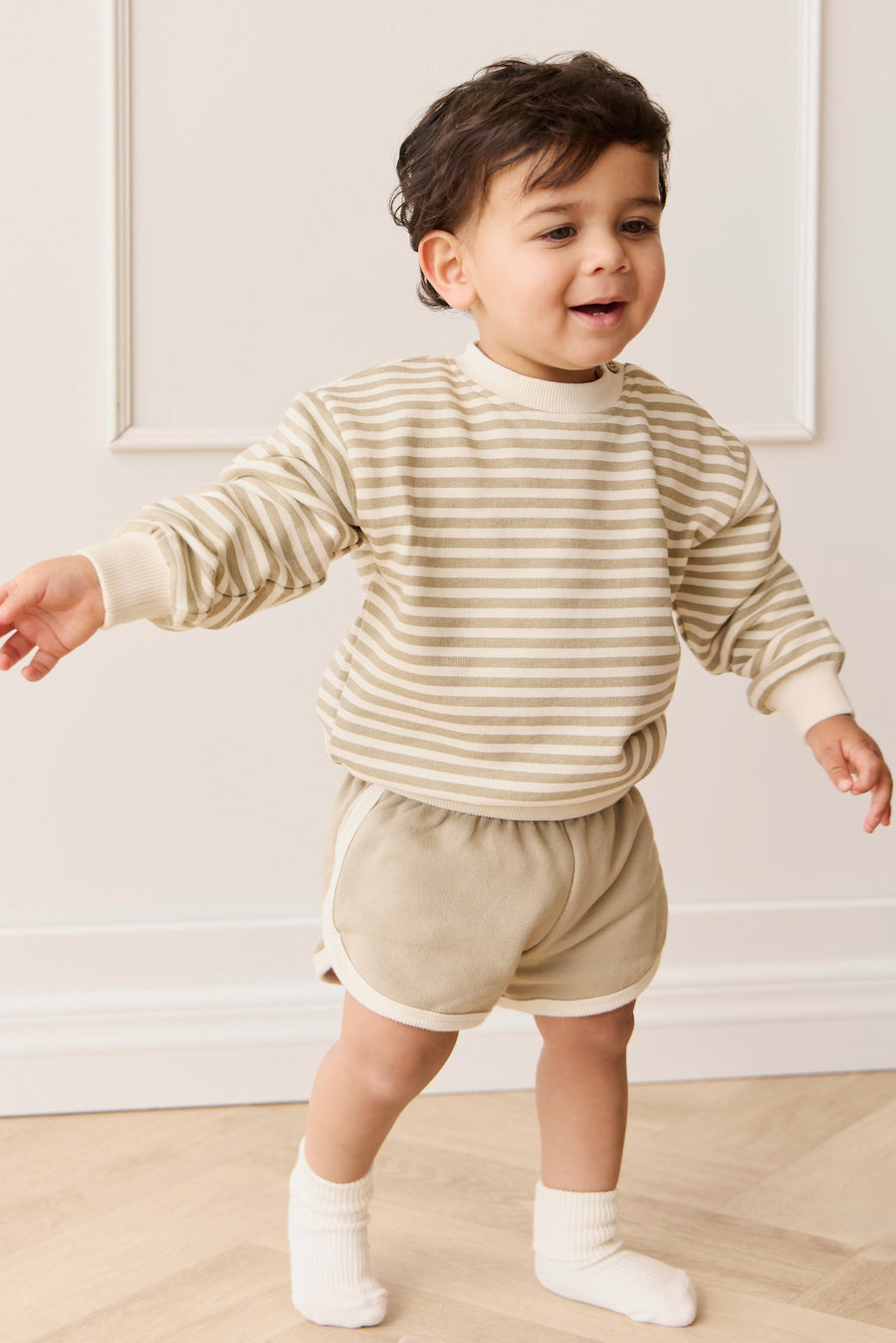 Organic Cotton Peyton Sweatshirt - Slim Stripe Sandy Brown/Cloud Childrens Top from Jamie Kay Australia